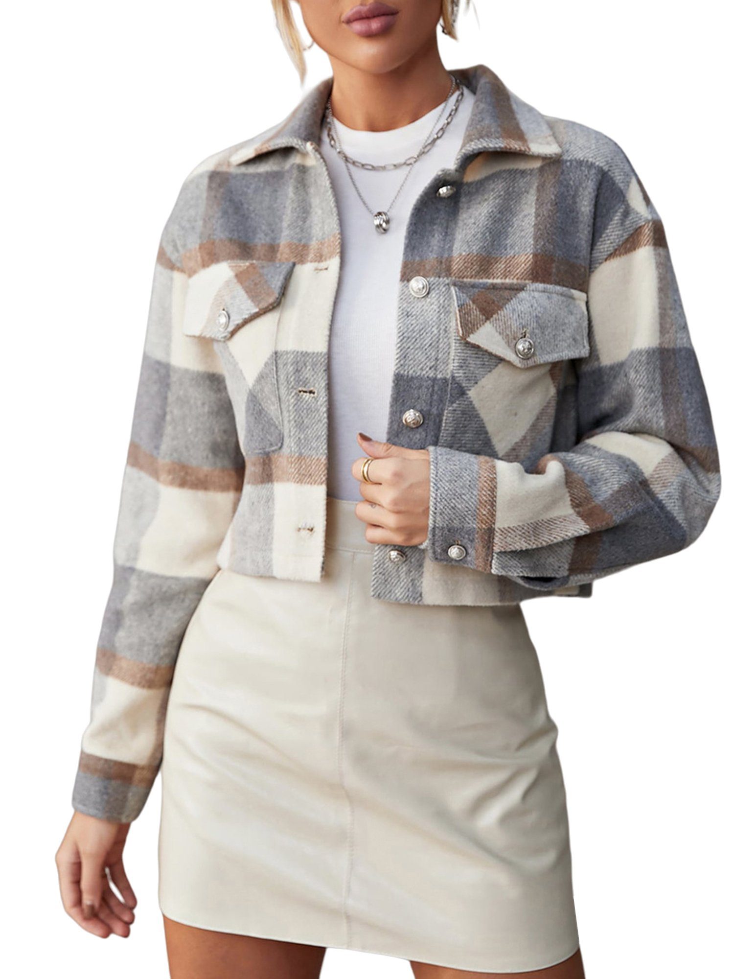 PYL Wintermantel Damen Lange Ärmel Plaid kurzmantel mit Button-Down