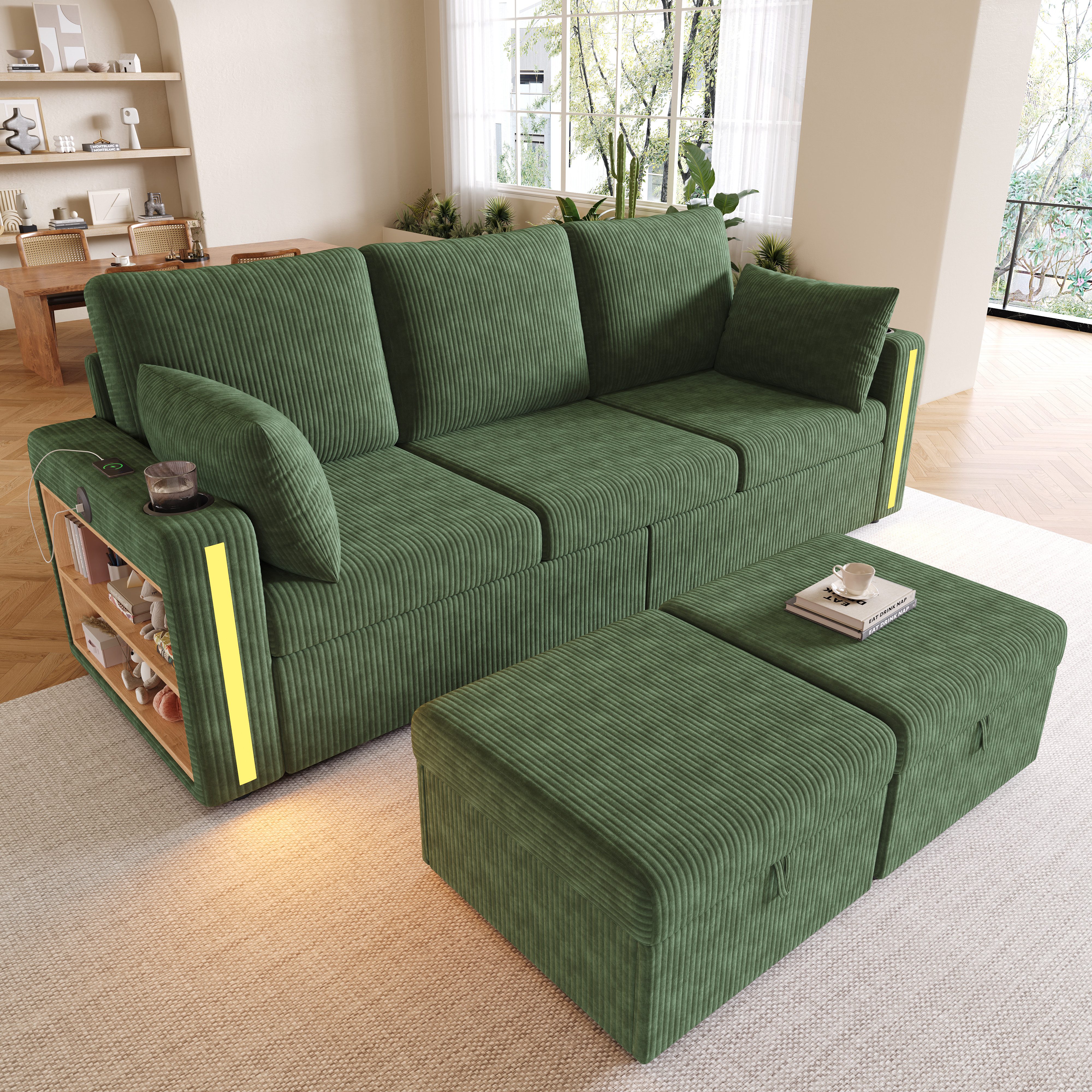 STILVORA Loungesofa Modulares U/L-Form Sofa mit Stauraum Relaxsofa mit LED-Stimmungslicht, Cordbezug, USB/Typ-C, Becherhalter, 2 Hocker, 190×130×85cm, für Wohnzimmer, Familien, Gästezimmer
