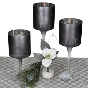 MamboCat Teelichthalter 3tlg Set Windlicht Minou grau matt Kerzenständer mit Fuß Weihnachten