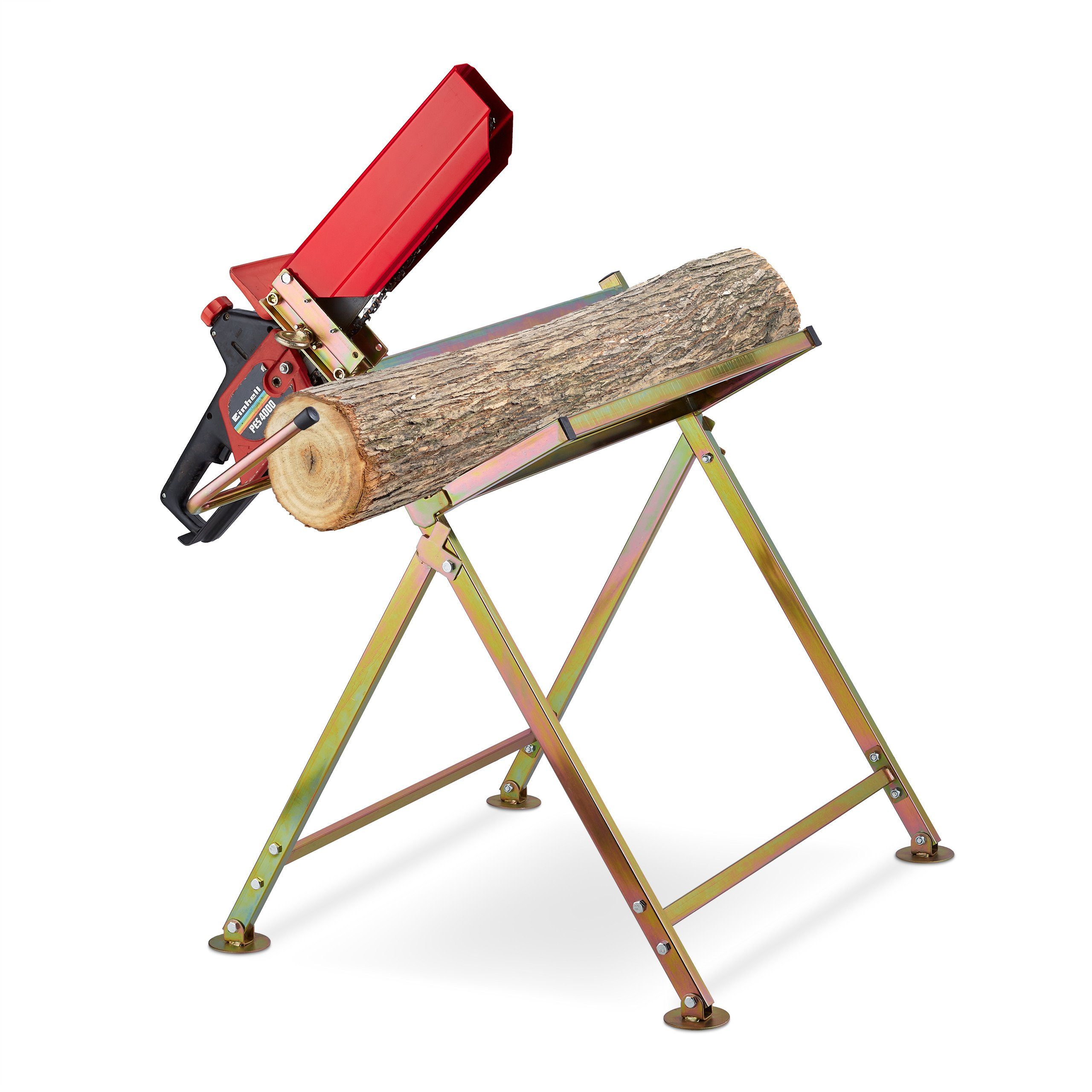 relaxdays Sägebock Sägebock mit Kettensägenhalterung, 120 kg max. Belastbarkeit, 20 cm max. Stammdurchmesser