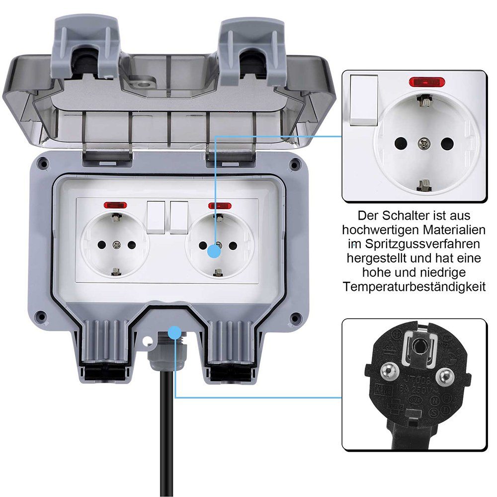 MUPOO Gartensteckdose Außensteckdose Steckdose Garten IP66 Wasserdicht Mit 3/6/10M Kabel
