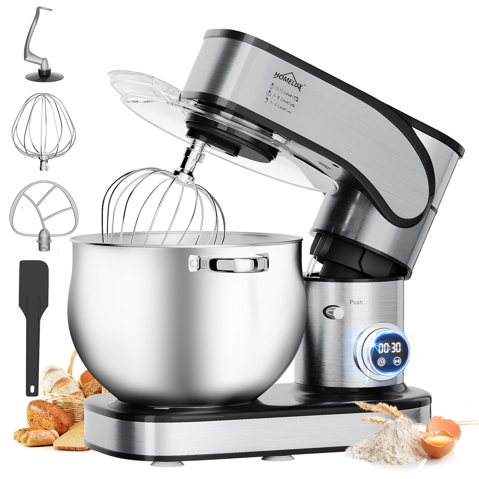 HOMELUX Küchenmaschine SC-603E, 2500 W, 12 l Schüssel, inkl 4-Teiligem Patisserie-Set und Spritzschutz, Edelstahlschüssel
