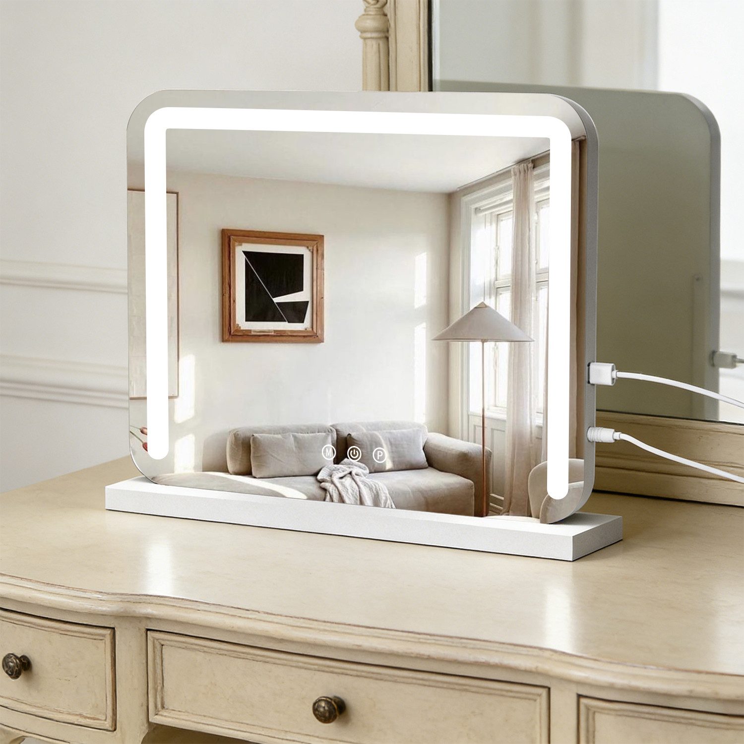 JDONG Schminkspiegel mit Beleuchtung 32*25/50*40/58*43/80*60 CM (Kosmetikspiegel mit 3 Farbbeleuchtungsmodi Dimmbar, Touch Schalter), Spiegel mit Licht für Schlafzimmer Ankleidezimmer