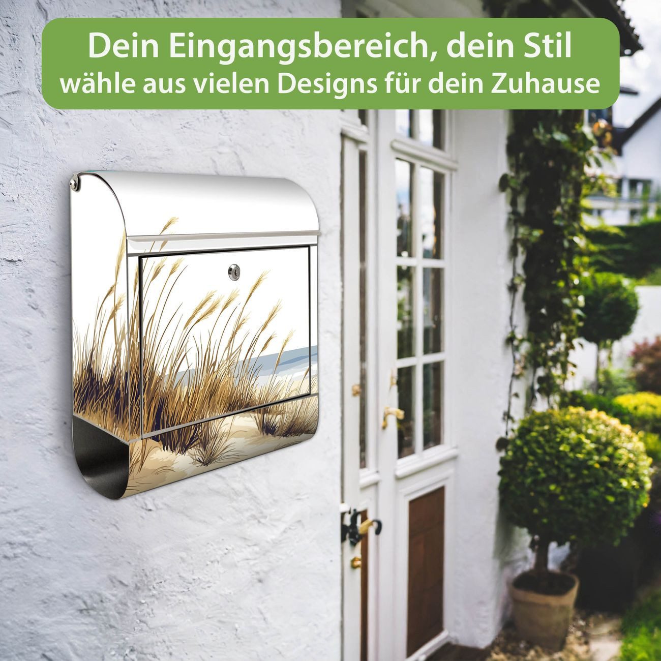 banjado Wandbriefkasten Edelstahl mit Motiv Dünenlandschaft am Meer (Wandbriefkasten groß, mit Zeitungsfach), 38 x 42,5 x12 cm