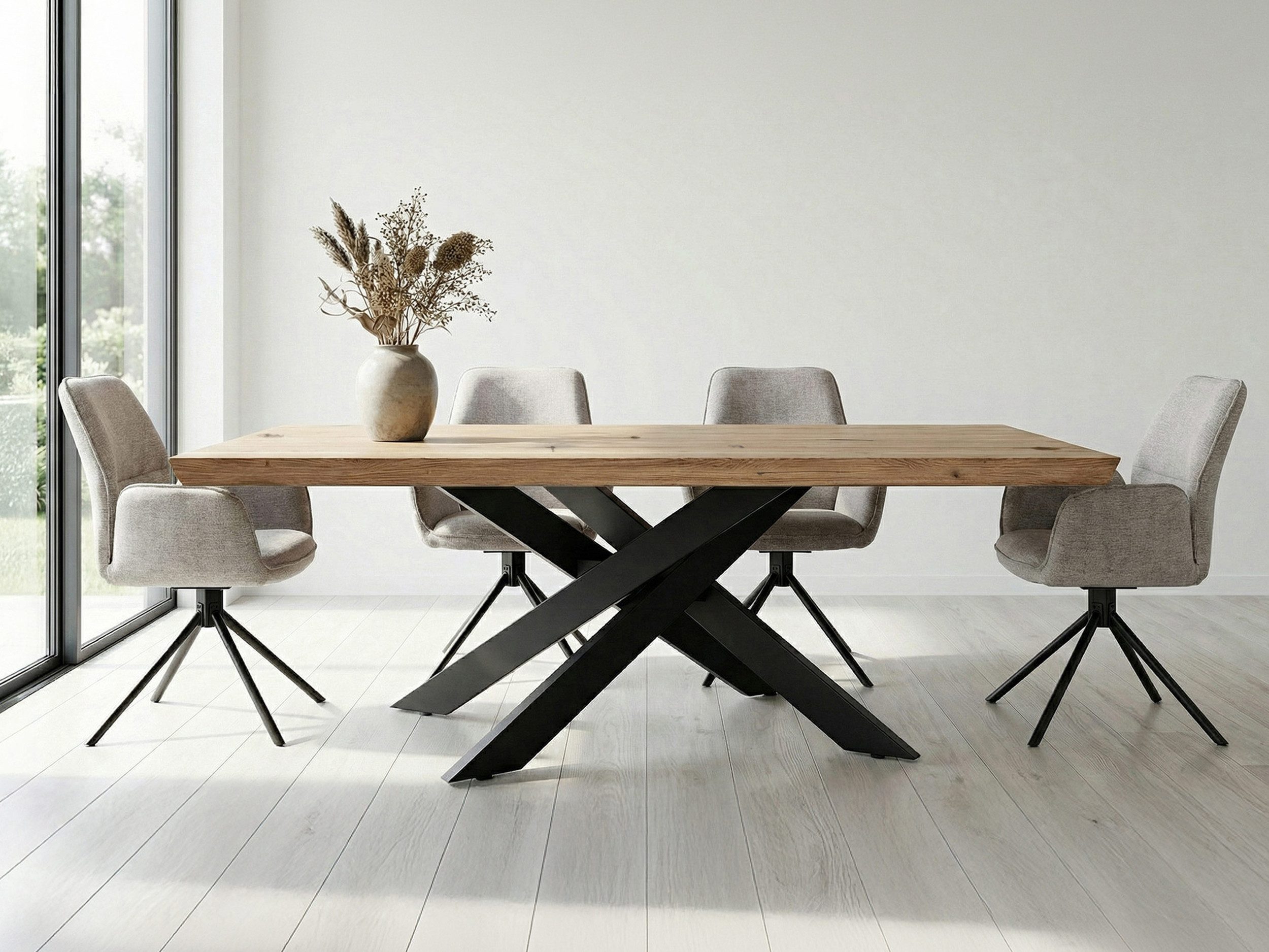 Massivart® Esstisch Wildeiche massiv geölt / 60 mm Platte / 180/200/220 / AHUS, Massivholztisch · Metallgestell · Schweizer Kante · Industrial-Look – Bild 5 von 5