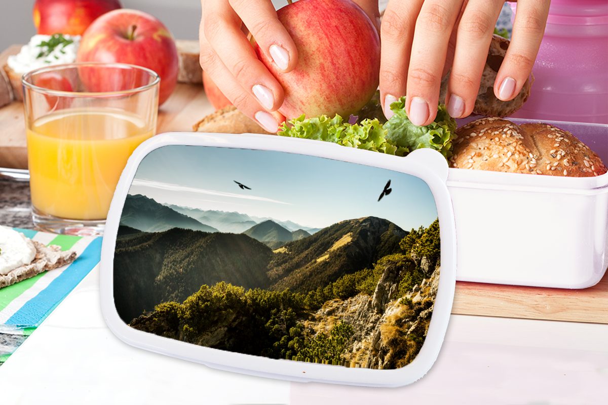- und Erwachsene, weiß Lunchbox für Alpen Mädchen und Wald, Jungs für Vögel - MuchoWow Kunststoff, (2-tlg), Brotdose, Kinder Brotbox
