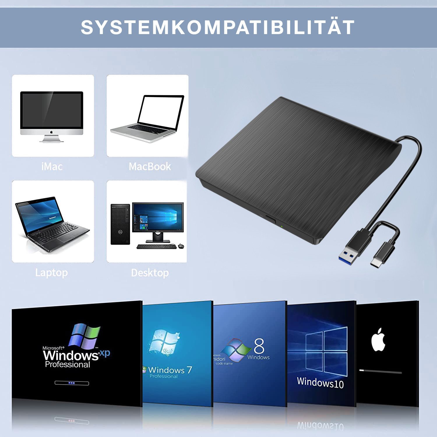 XLYNE USB 2.0 CD/DVD Brenner mit Lese- & Schreibfunktion, Plug & Play Disc-Laufwerk (Einfache Handhabung: Plug & Play)
