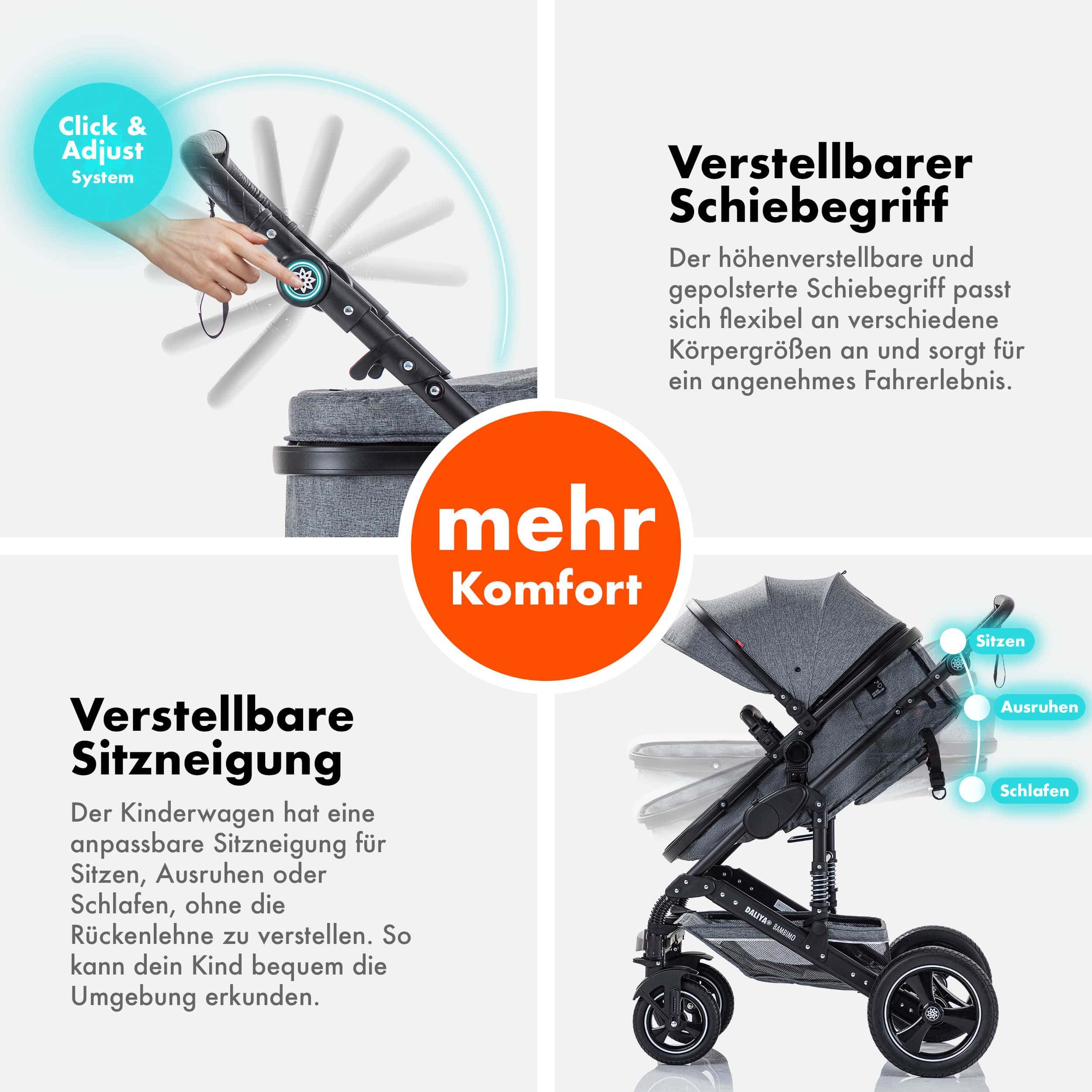 Daliya® Kombi-Kinderwagen BAMBIMO 2in1 Kinderwagen & Buggy, Babywanne und Sportsitz, Alu-Rahmen, (Grundausstattung für Babys, 9-tlg), Großer Einkaufskorb, Feder – Bild 5 von 5