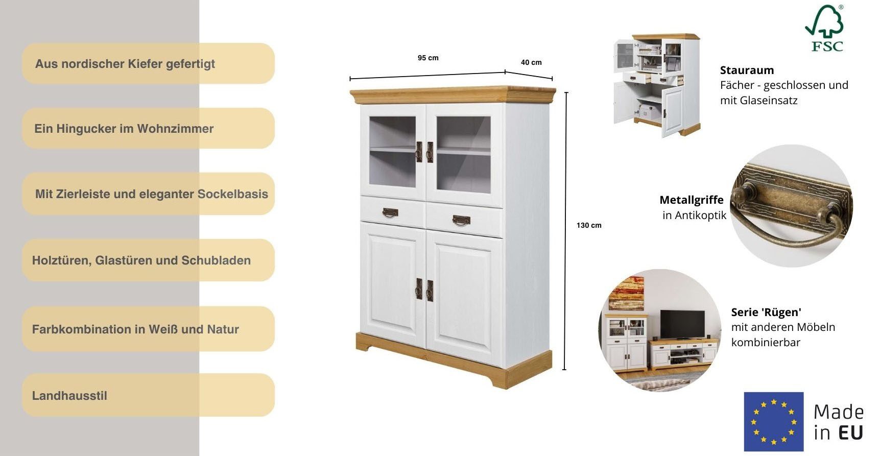 OTTO home Highboard Rügen, Vitrine im Landhausstil, zertifiziertes Massivholz, Höhe 131 cm