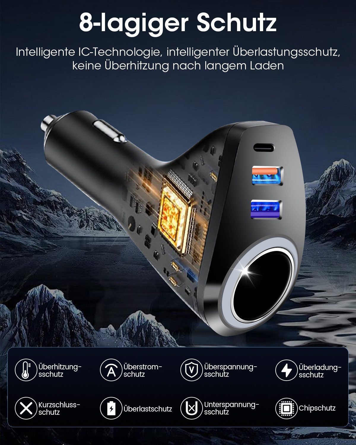 FOSMET Zigarettenanzünder-Verteiler 70W Zigarettenanzünder,4 in1 Einziehbares Auto USB C Ladegerät Adapter (USB C Schnellladegerät,Spannungsanzeige,Auto Feuerze – Bild 4 von 5