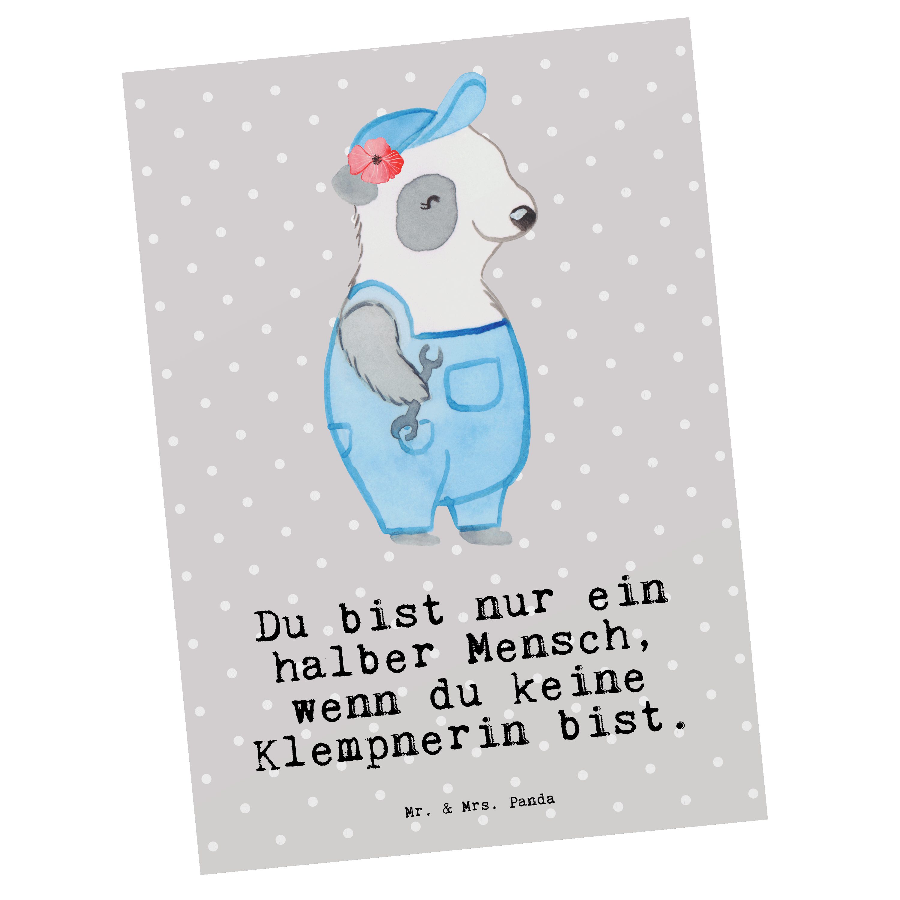 Mr. & Mrs. Panda Postkarte Klempnerin mit Herz - Grau Pastell - Geschenk, Grußkarte, Dankeskarte