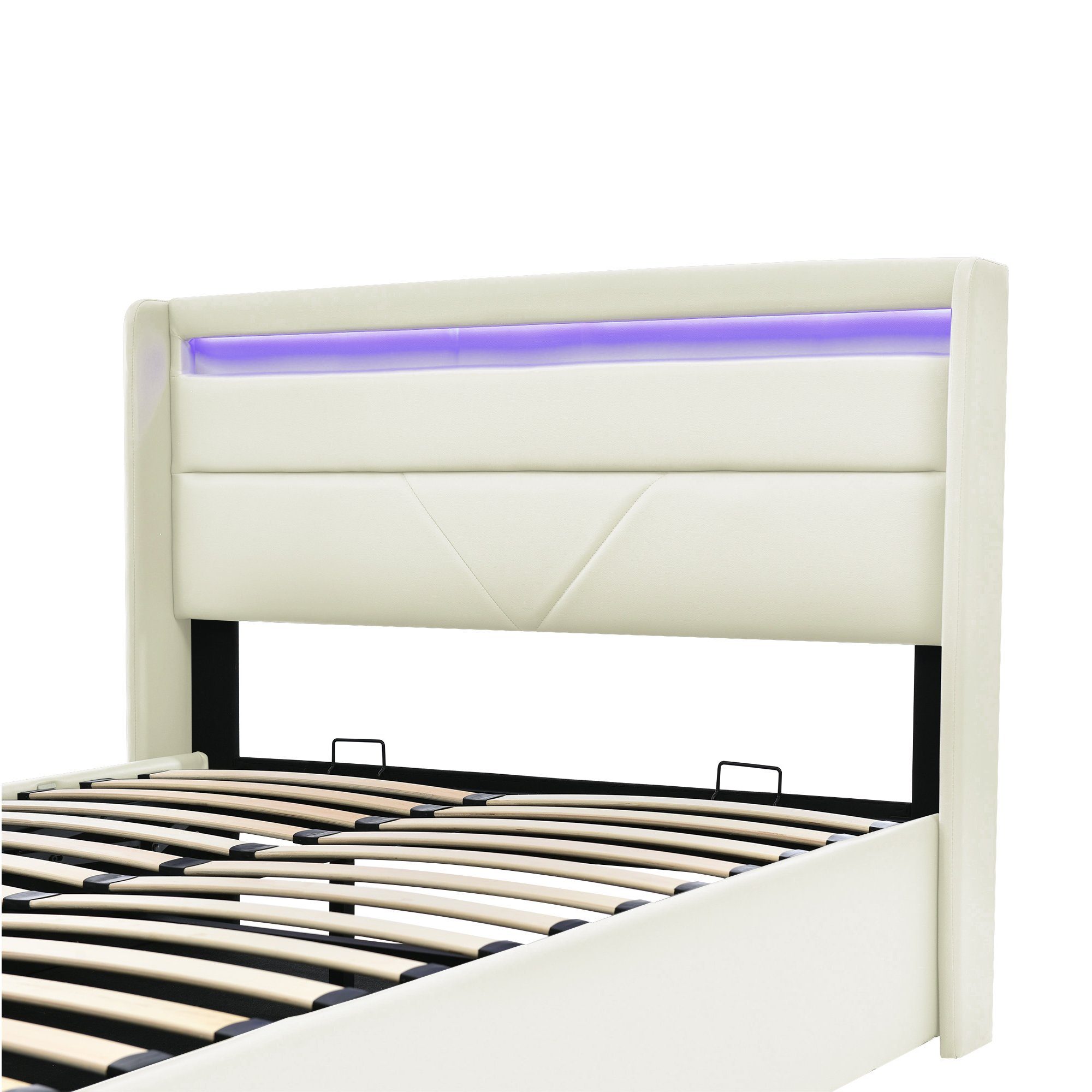 Boxspringbett (Funktionsbett, Polsterbett mit Bettkasten und Lattenrost, inkl. LED-Beleuchtung), Hydraulisches Stauraumbett Doppelbett 160x200cm, Bezug aus Kunstleder