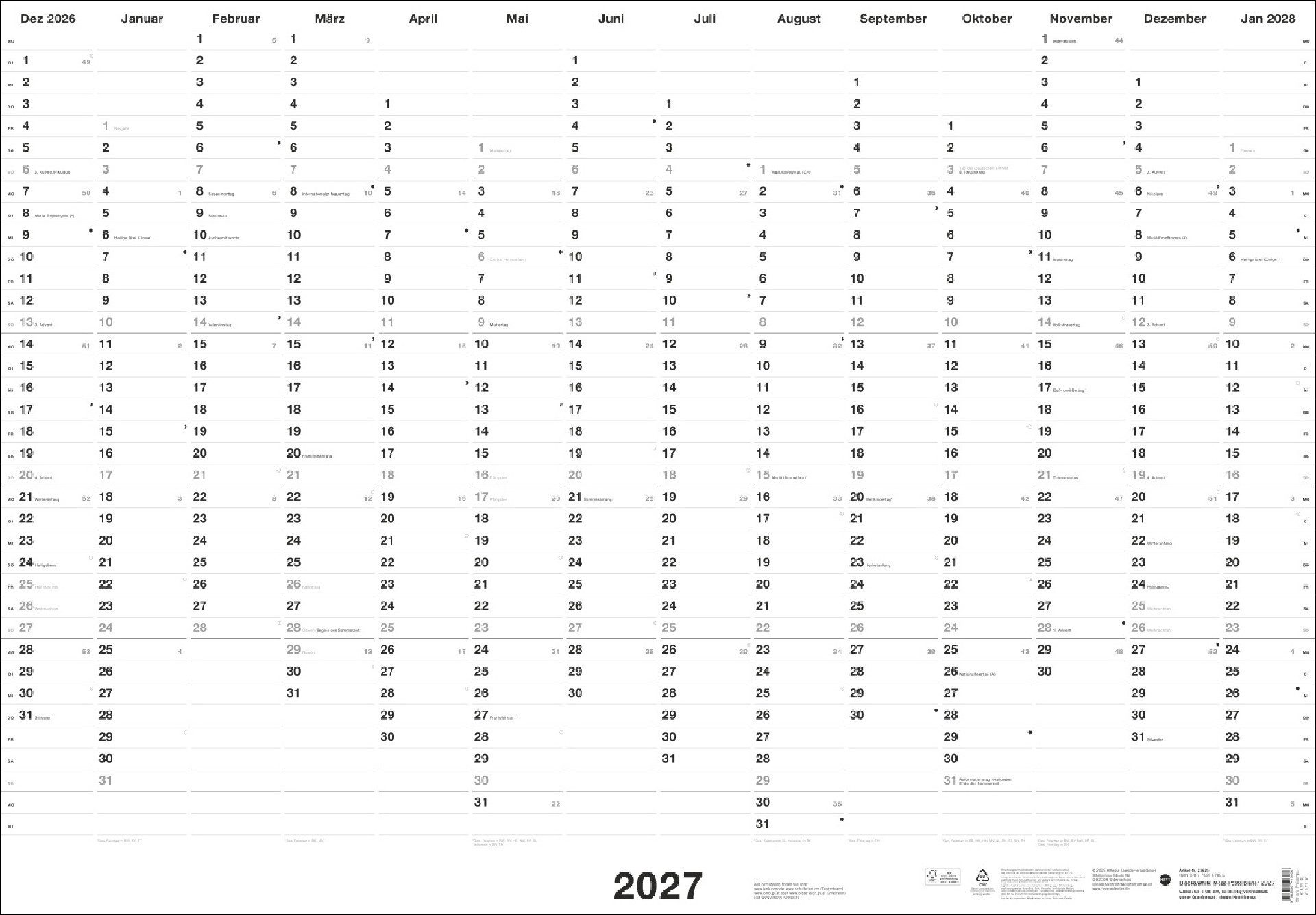 Athesia Kalenderverlag Wandkalender Black&White Mega-Posterplaner 2027