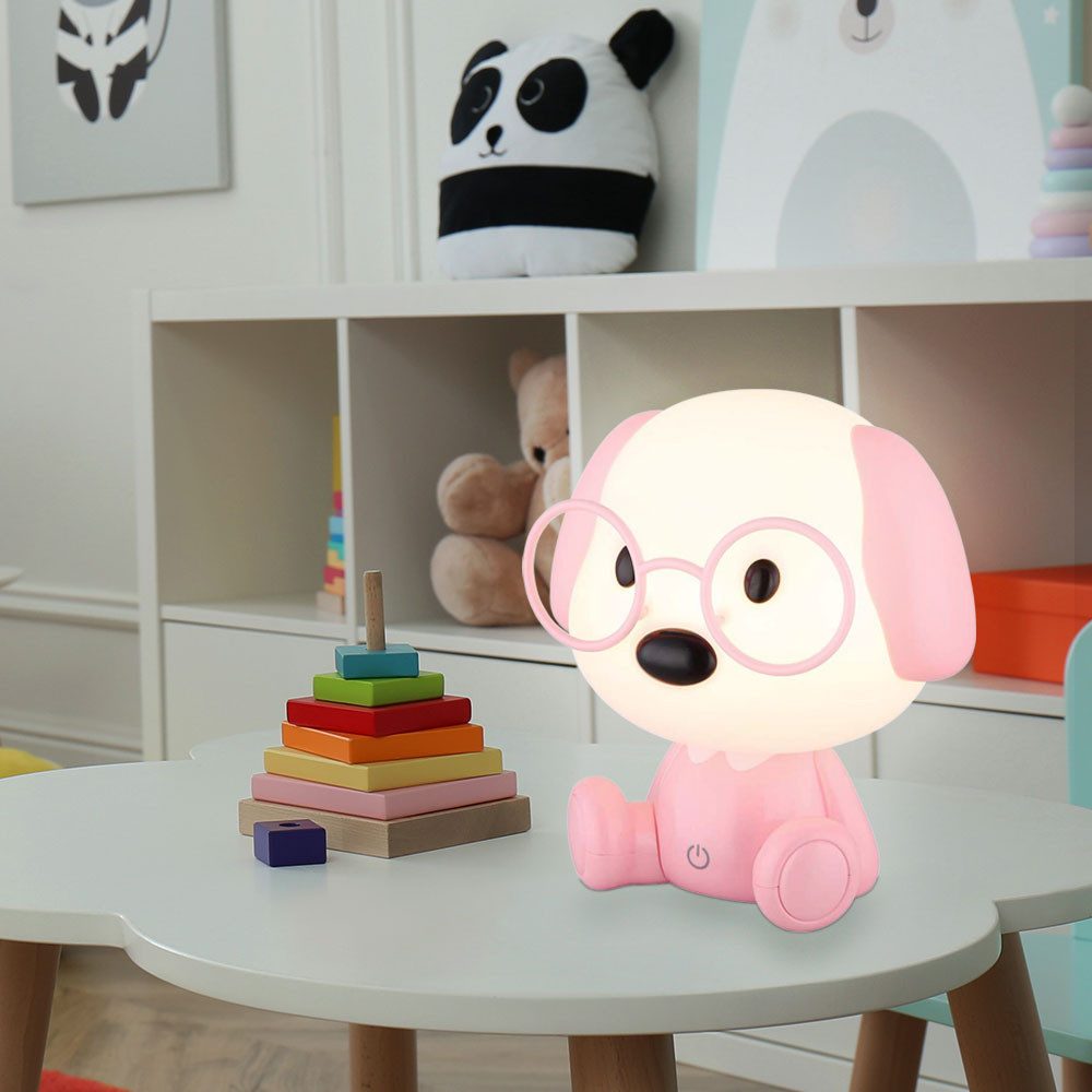 GLOBO LIGHTING LED Nachtlicht, LED-Leuchtmittel fest verbaut, Warmweiß, Tischlampe Nachttischleuchte Kinderlampe Hund pink Touchdimmer LED