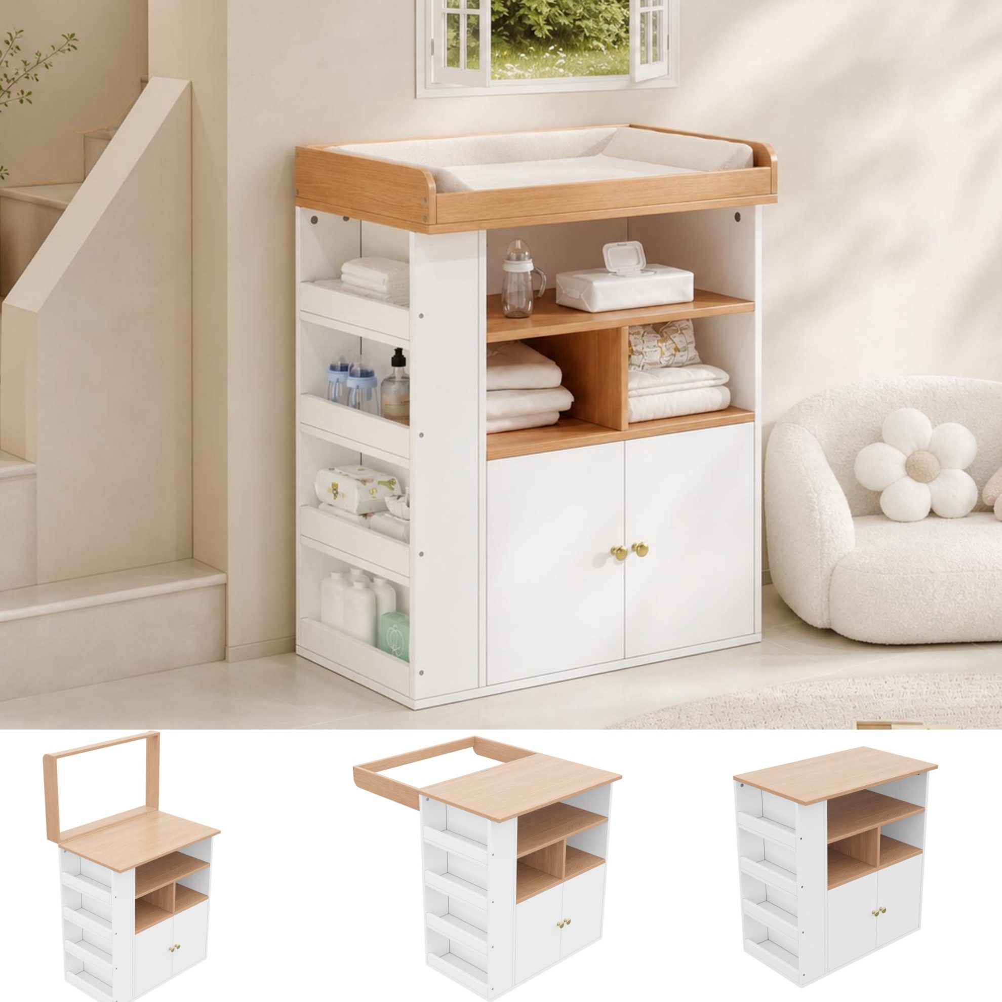 OKWISH Wickelkommode Baby-Wickeltisch mit Stauraum & abnehmbarem Geländer, Schubladen, offene Fächer, Weiß+Natur, 82×50×100 cm