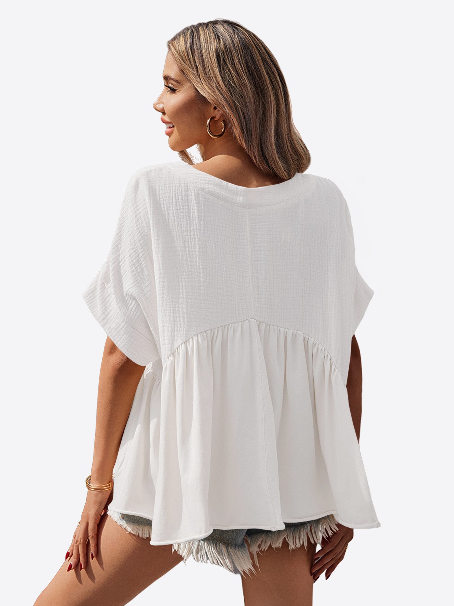 Imily Bela Rüschenbluse Damen V-Ausschnitt geraffter Saum Lässig Sommer Oberteil aus Baumwolle (Packung, 1-tlg., 1per-Pack) Kurzarm in Unifarbe