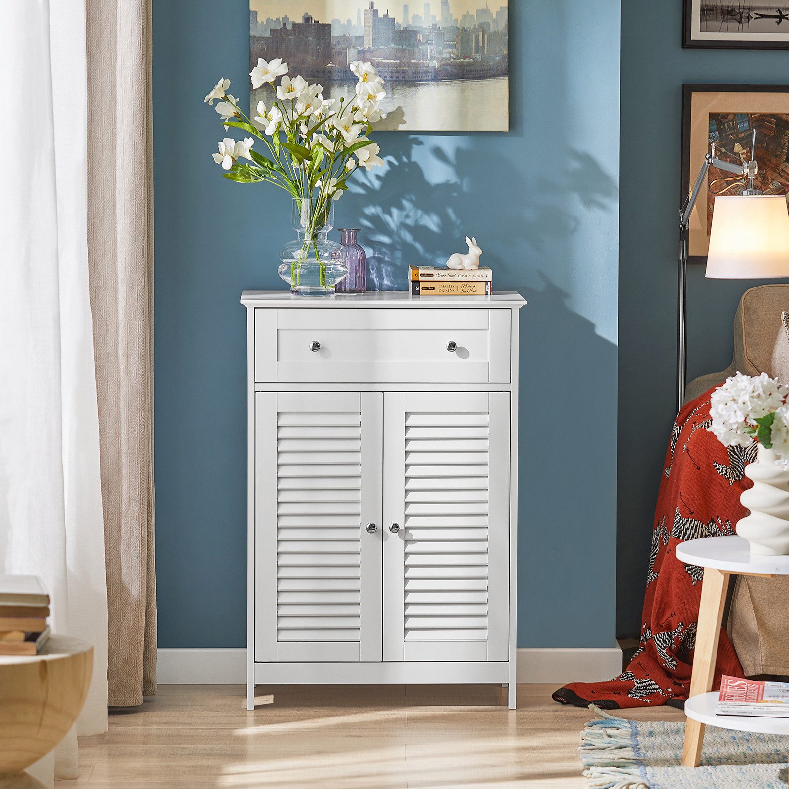 SoBuy Badkommode FRG238, Badezimmerschrank Sideboard Flurschrank Küchenschrank Badmöbel, Badschrank mit 2 Lamellentüren, Schublade, verstellbare Regalebene