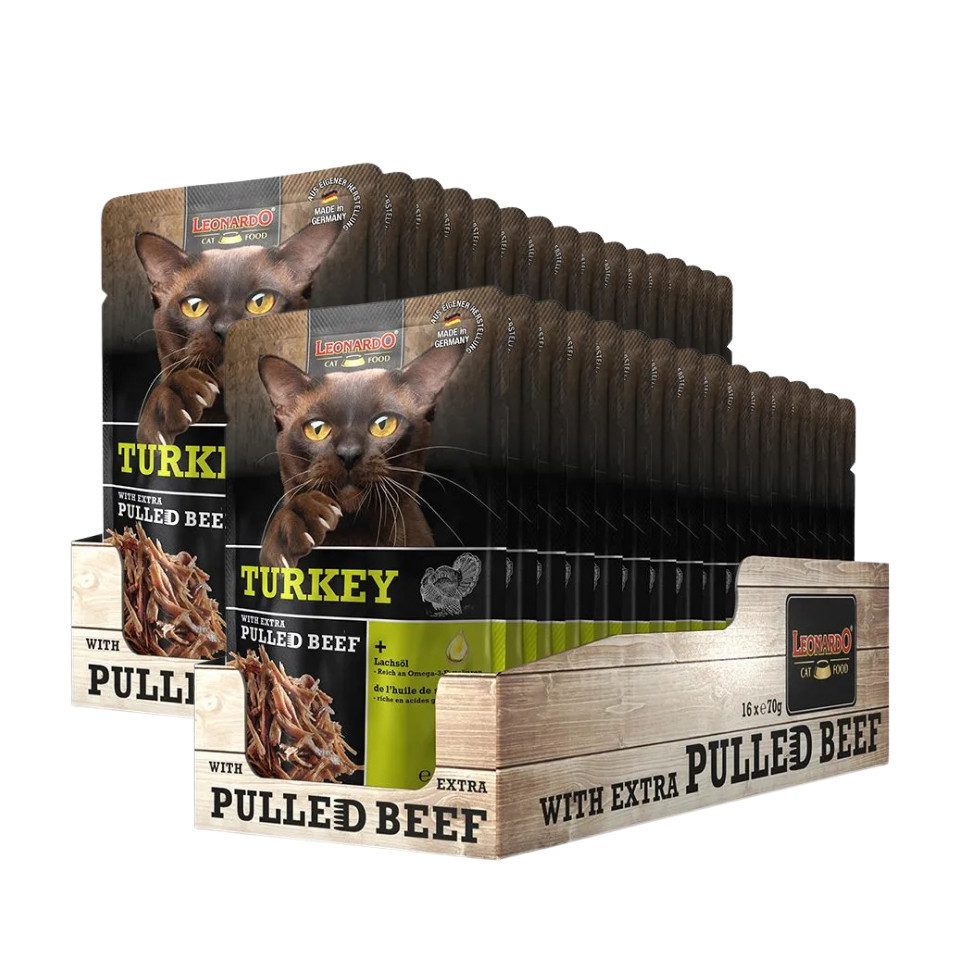 Leonardo Catfood Turkey with extra Pulled Beef - Truthahnpaté mit Rindfleisch 2x16x70g, Nassfutter für: Katzen