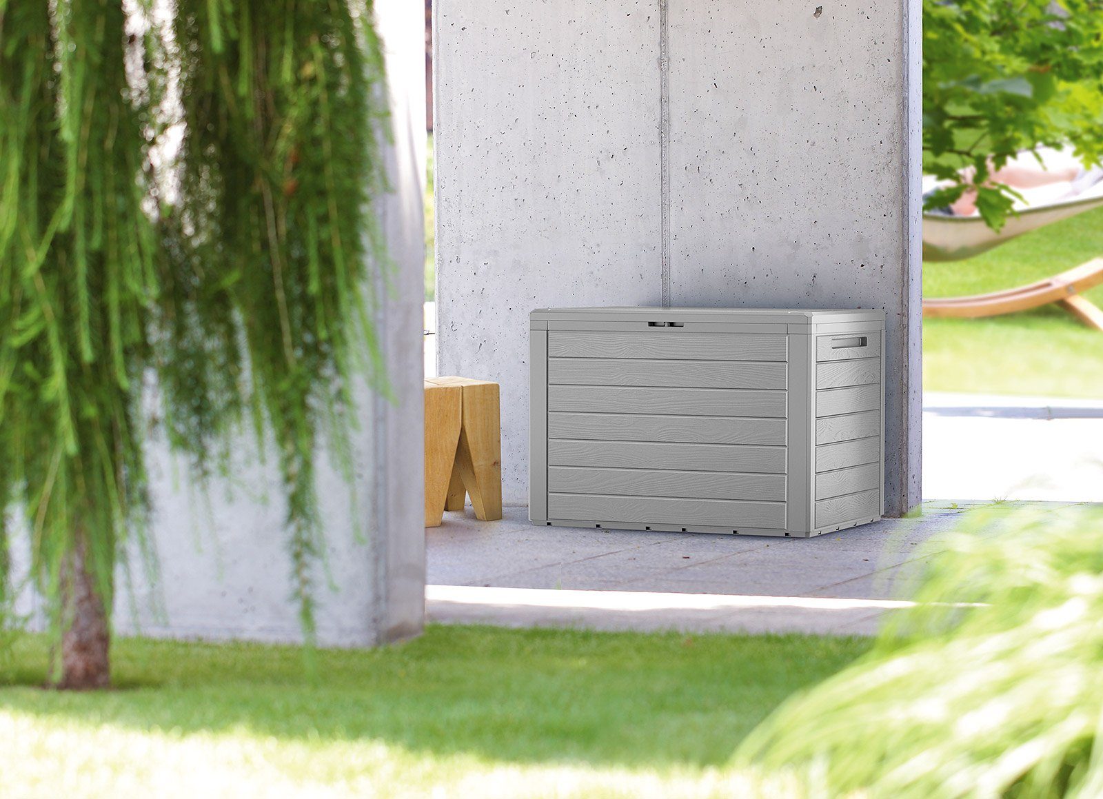 Casaria Auflagenbox Lille (1 St), Balkonbox Holzoptik Stecksystem Griffmulden Abschließvorrichtung Grau – Bild 4 von 4