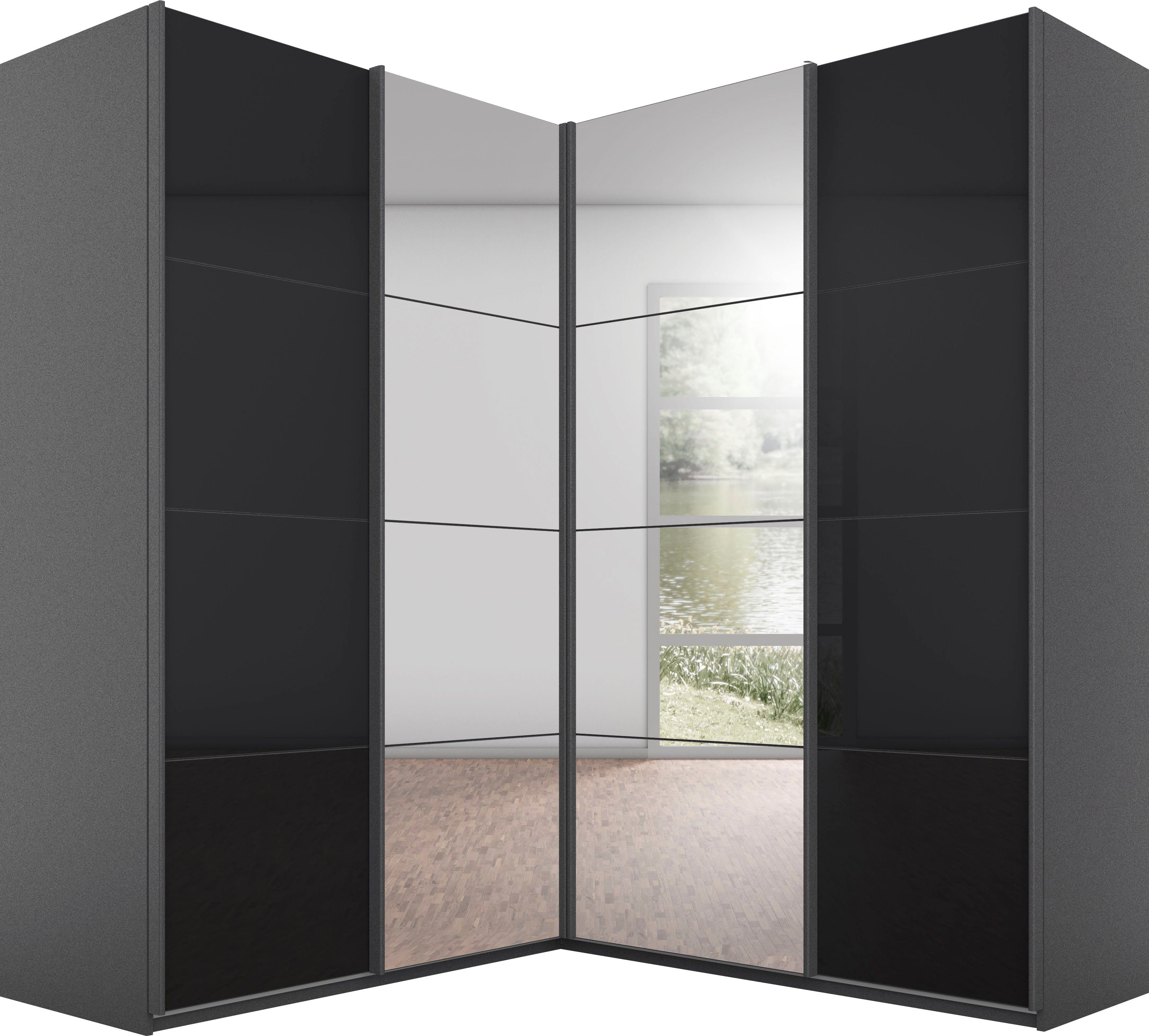 rauch Schwebetürenschrank Quadra Eckschrank, Türendämpfer und Schubladeneinsatz, Glas-/Spiegeltüren