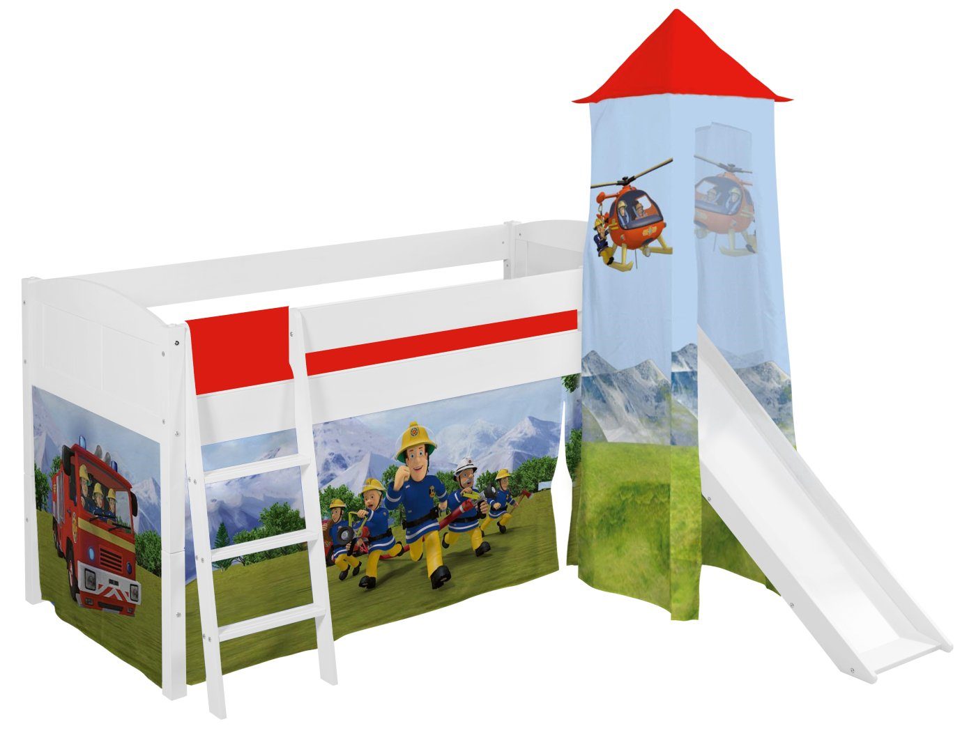 Lilokids Hochbett Kinderbett IDA Landhaus mit Vorhang & Turm FEUERWEHRMANN SAM LILOKIDS