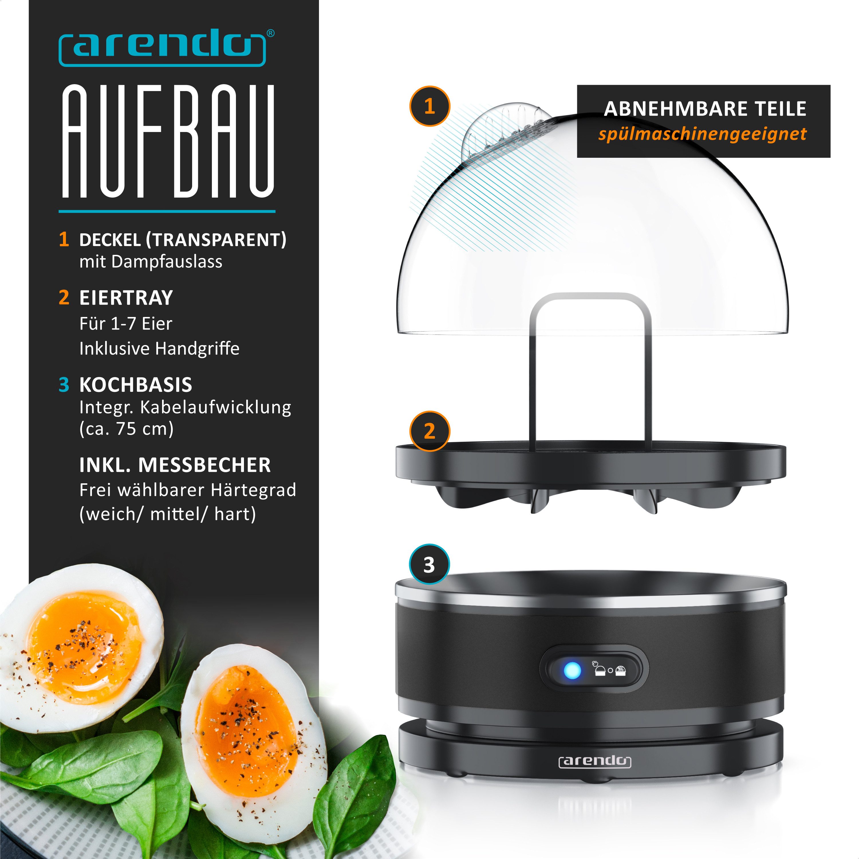 Arendo Eierkocher, Anzahl Eier: 7 St., 400 W, 7-fach, Edelstahl, Warmhaltefunktion, Härtegrad einstellbar für 7 Eier