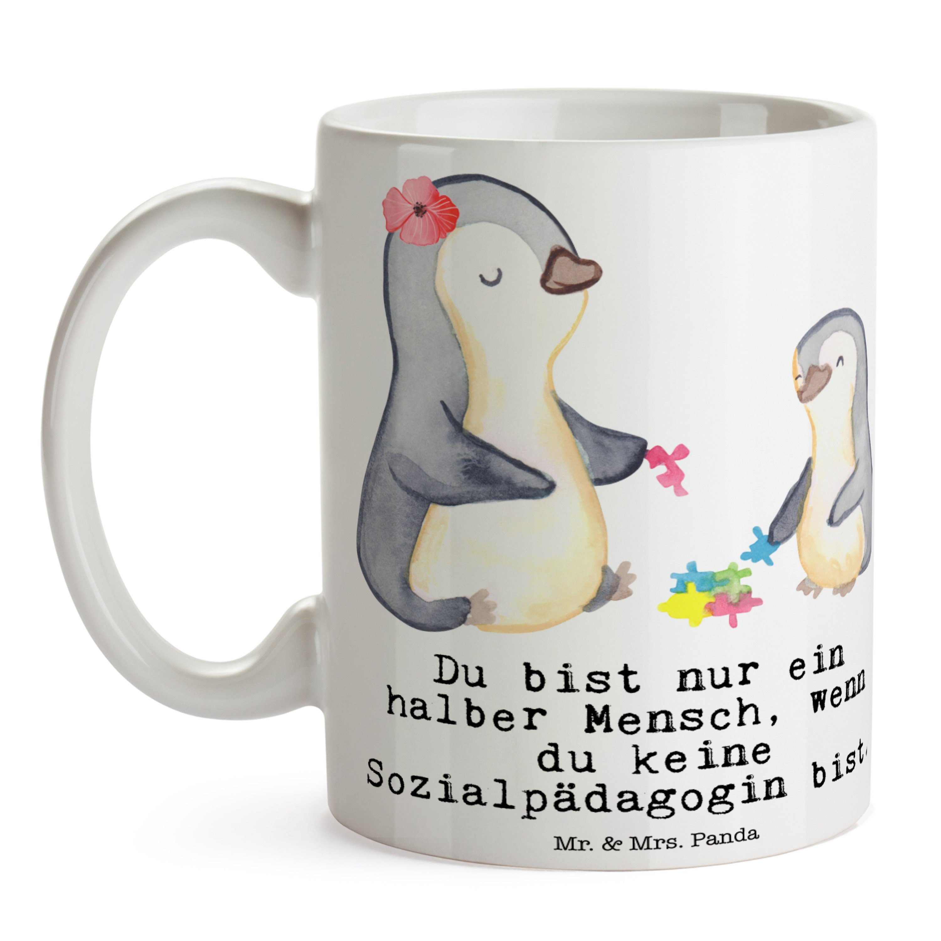 Mr. & Geschenk, Tasse Mrs. Weiß Herz - Arbeitskolle, Keramik Panda Kaffeetasse, - mit Sozialpädagogin