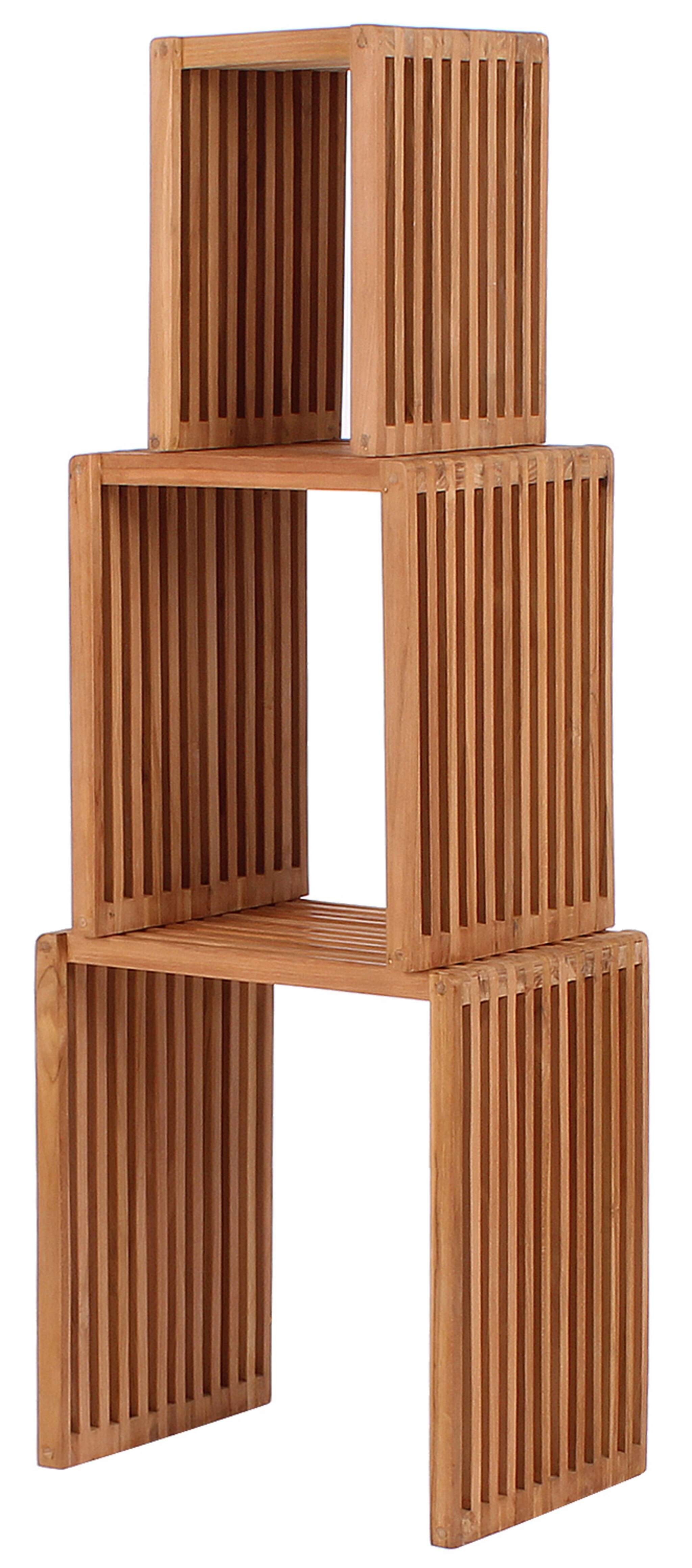 MR.DEKO Beistelltisch Teak 3er Set Holztisch natur 45x32x50cm ineinanderschiebbares Tischset (3-teiliges Beistelltisch Set aus Massivholz, 3-St), Beistelltische naturbelassen, wetterfest & stabil
