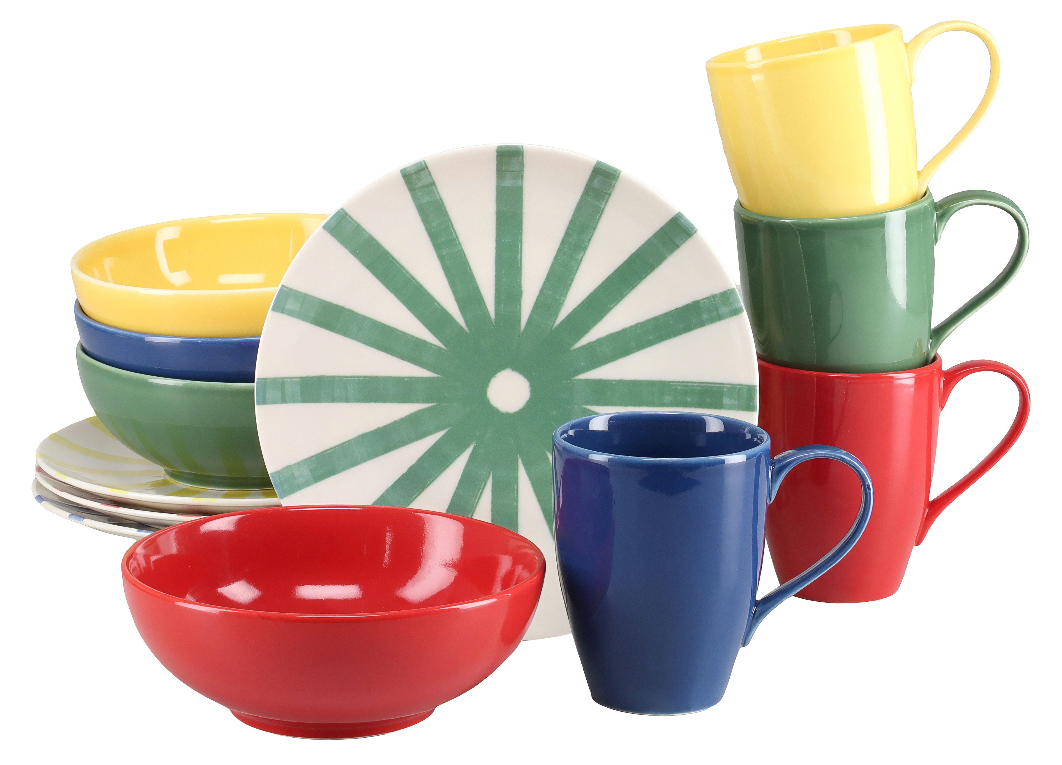 CreaTable Kaffeeservice Mio Viva Bunt, Service, 12-tlg. (12-tlg), 4 Personen, Steinzeug, Handgemalte Optik, keramische Motive kombiniert mit Farbglasuren