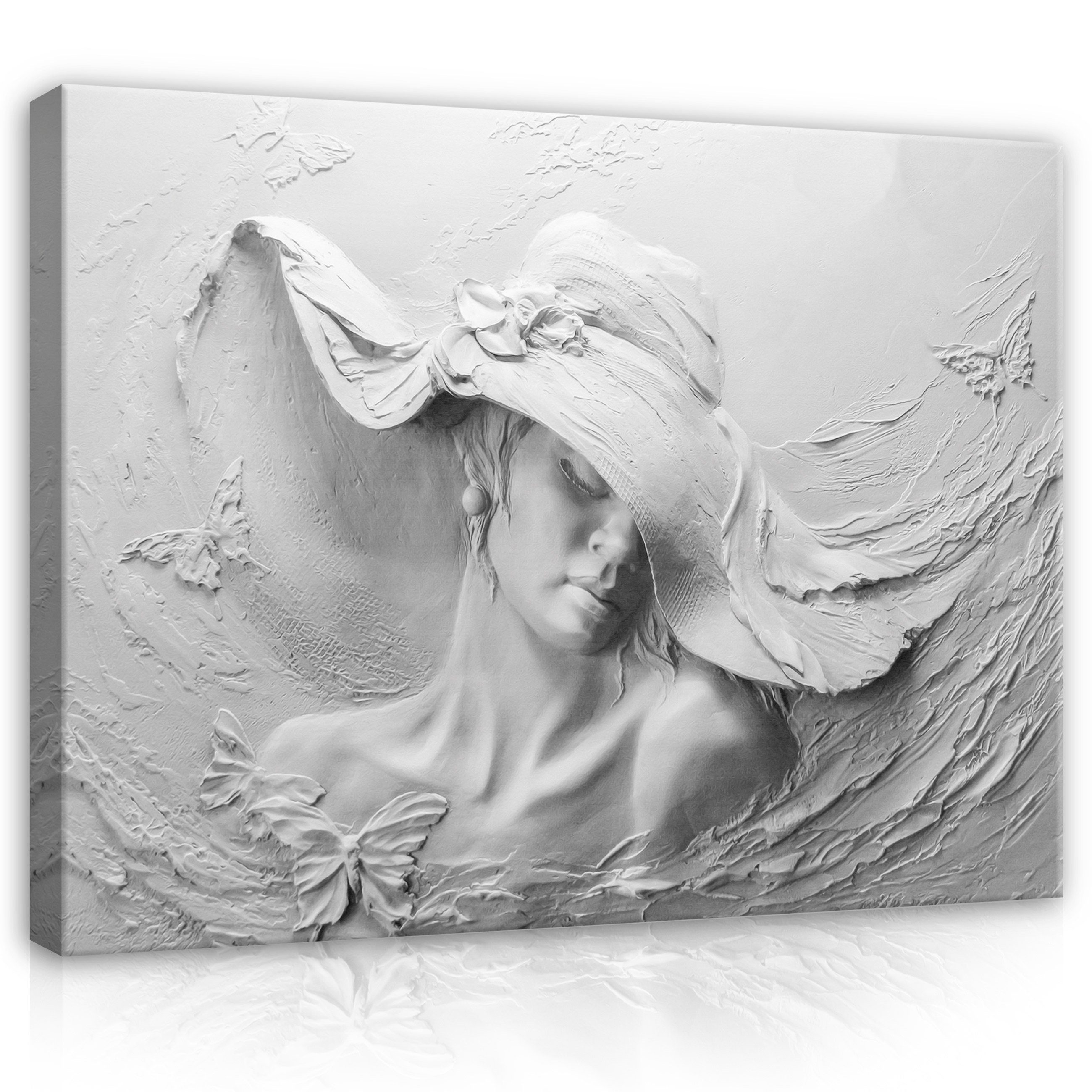 Wallarena Leinwandbild 3D EFFEKT Frau Beton Skulptur Grau Schmetterlinge Wandbild Groß XXL Wandbilder Leinwandbilder Modern Canvas Kunstdruck Bild Auf Leinwand Bilder für Wohnzimmer Schlafzimmer, (Einteilig), Aufhängefertig