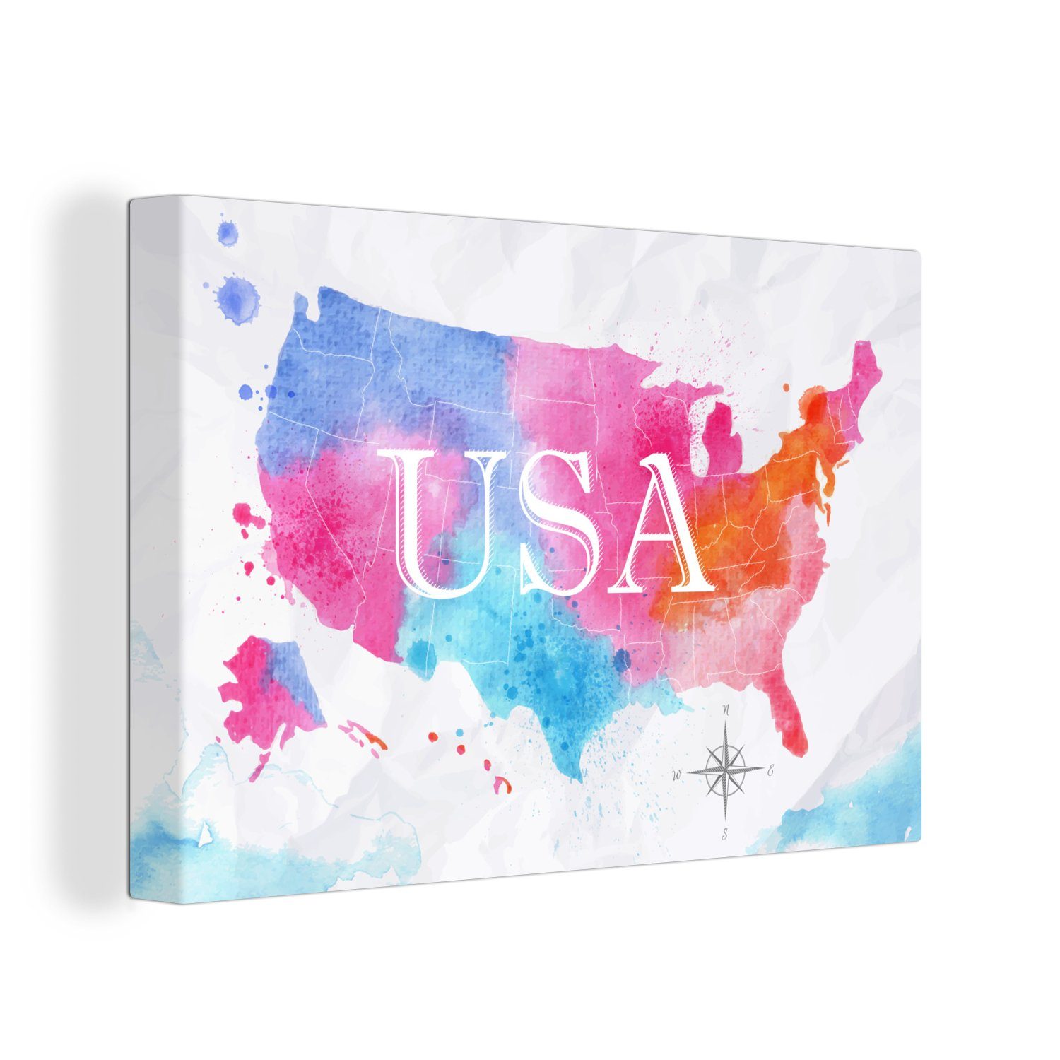 OneMillionCanvasses® Leinwandbild Amerika - Weltkarte - Aquarell, (1 St), Wandbild Leinwandbilder, Aufhängefertig, Wanddeko, 30x20 cm