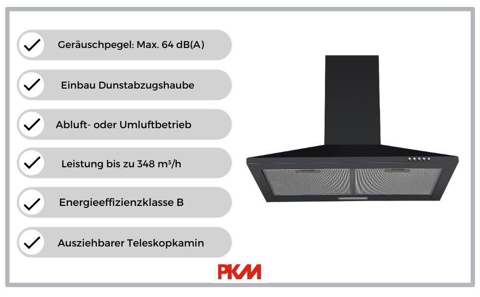 PKM Wandhaube PKM 6091BH Dunstabzugshaube, 60 cm, schwarz 60 cm breit, schwarz, 3 Leistungsstufen, LED-Beleuchtung – Bild 2 von 5