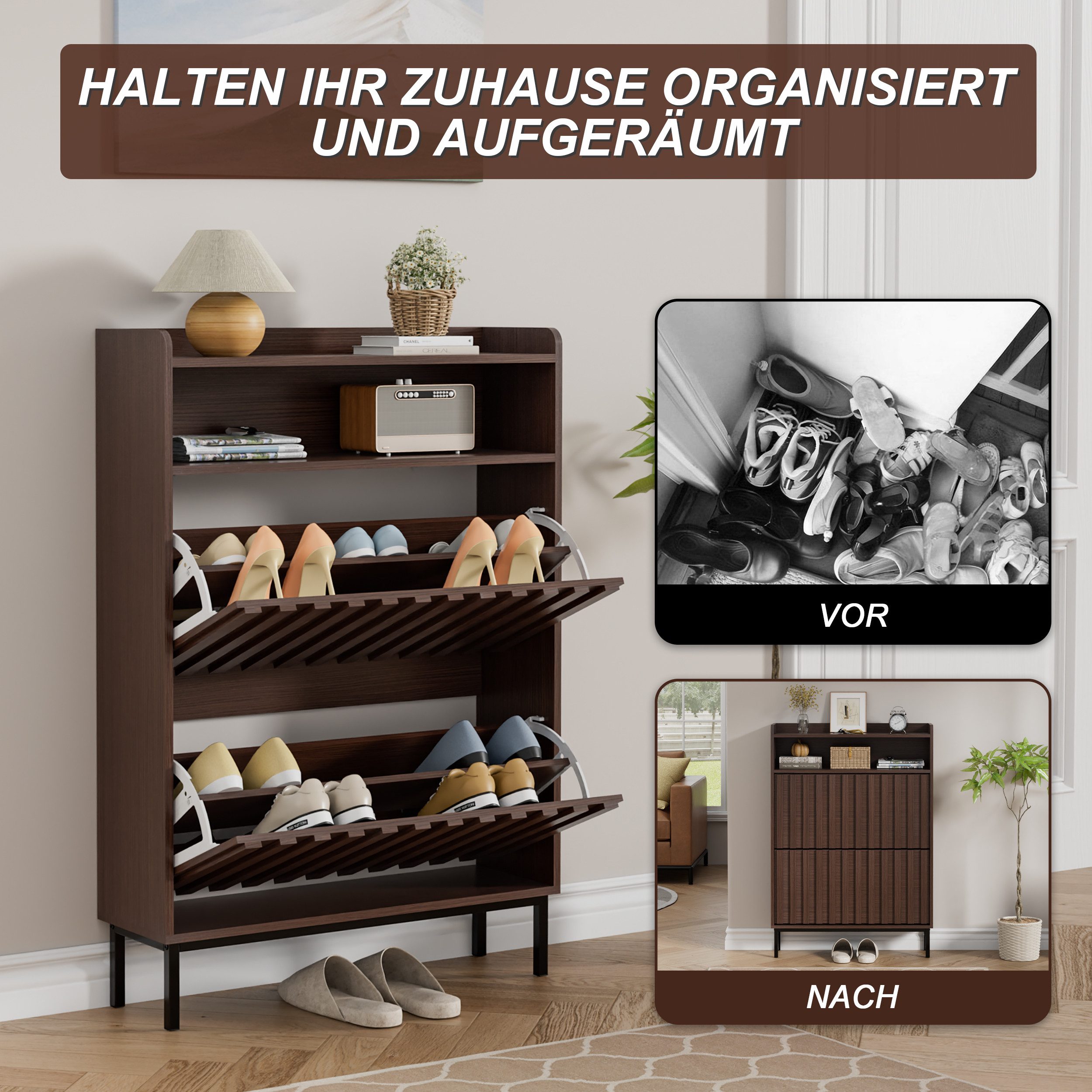 UEV Schuhschrank mit 2 Klappen Schuhregal Schukipper schmal platzsparend (Modern Schuhaufbewahrung mit Oberplatte Platzsparend, Anti-Kipp-Vorrichtung für Eingan – Bild 5 von 5