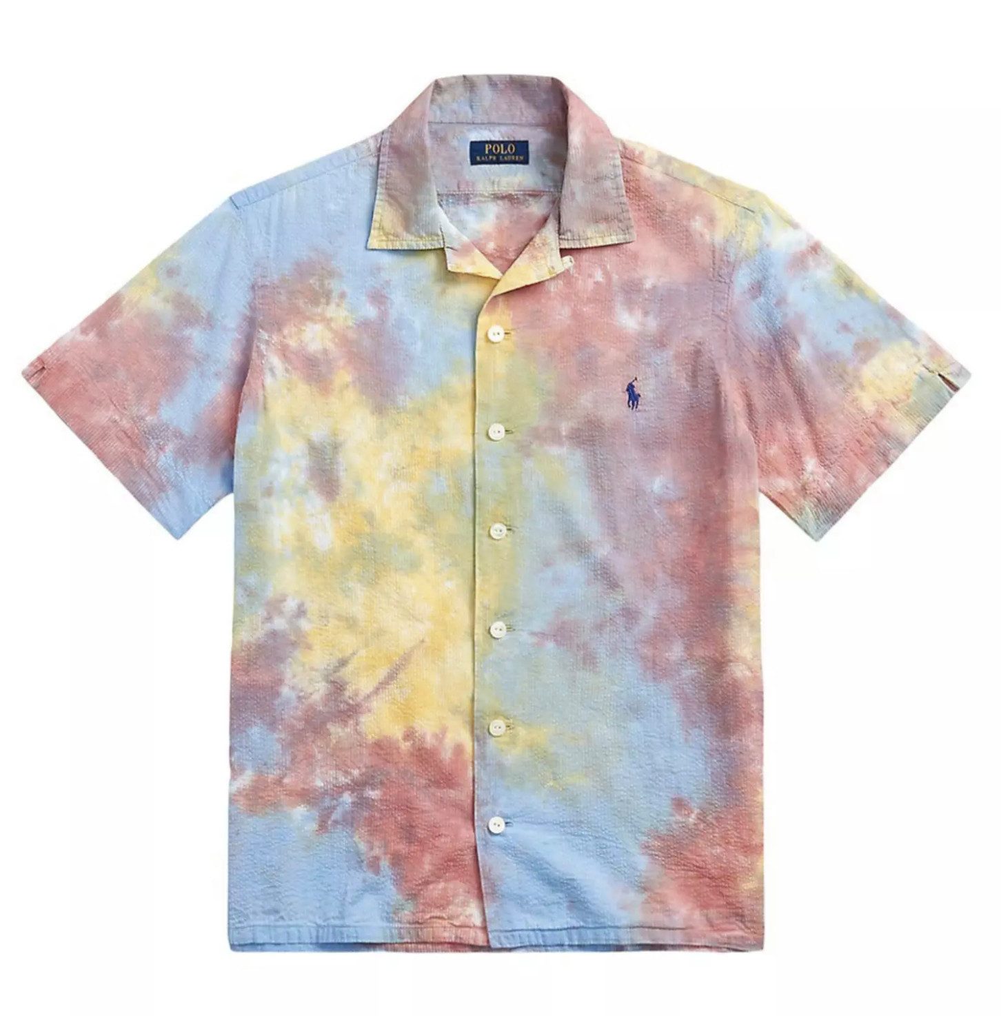 Polo Ralph Lauren Kurzarmhemd Herren Classic Fit Tie-Dye Seersucker Hemd Strand Shirt Camp-Kragen, Rückenpasse mit Falte, Multicolor Tie-Dye Muster
