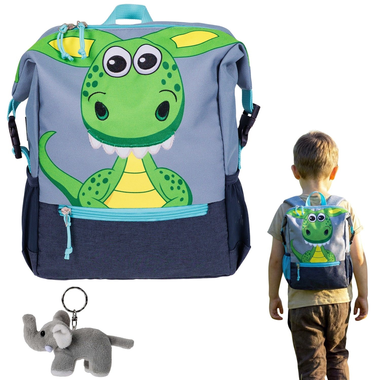 fabrizio® Kinderrucksack Rucksack Jungen Mädchen Kindergarten Tasche, Kindergartenrucksack Kinder Handgepäck 20643 Dino Grün Grau +Elefant