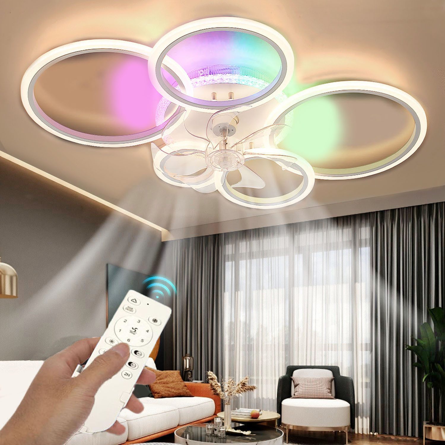 oyajia Deckenleuchte 70W Leise Deckenventilator mit Beleuchtung, Deckenlampe Mit Ventilator, LED fest integriert, Warmweiß, Naturweiß, Kaltweiß,RGB, Dimmbar Deckenventilator mit RGB Backlight, 6 Geschwindigkeiten 96cm