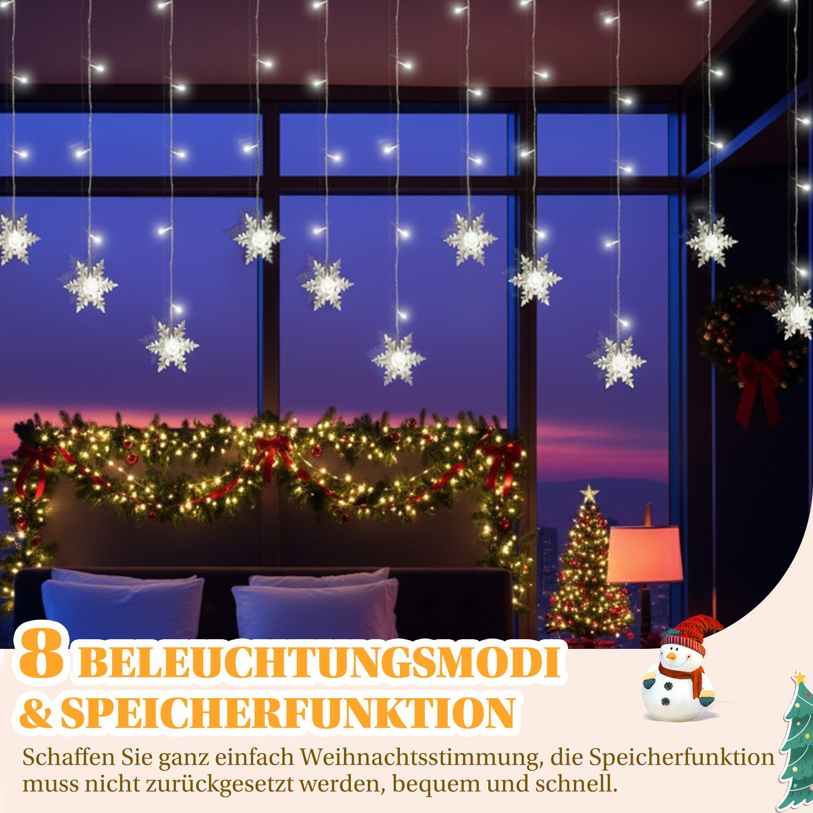 SERBASIC Lichtervorhang LED Schneeflocke Lichterkette, mit 8 Modi und Speicherfunktion, Timer, für Außen Weihnachten, Hochzeit, Balkon, Große Schneeflocke