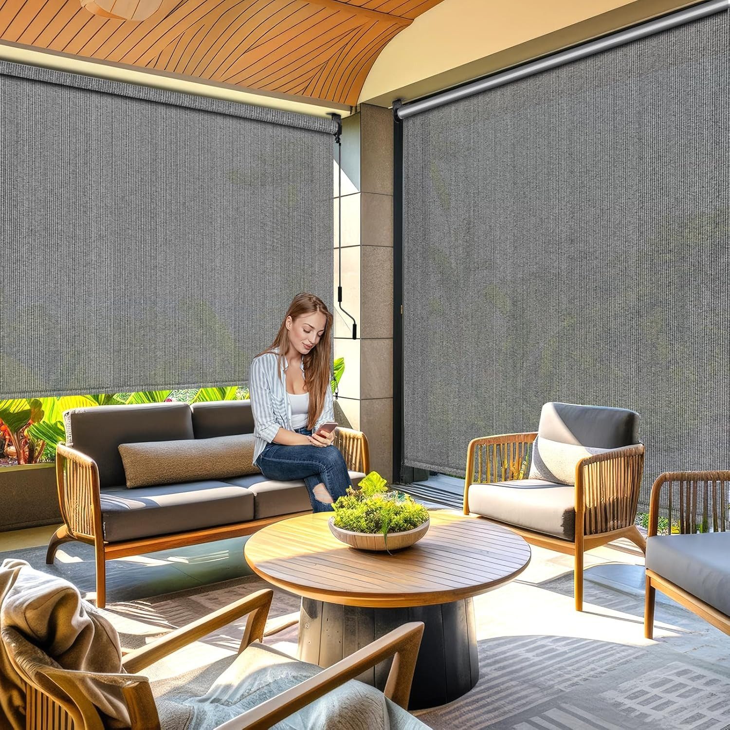 TLGREEN Senkrechtmarkise Vertikalmarkise,HDPE-Schattentuch (für Terrassenpergola,Balkonmarkise, 2-St., Aluminiumrohr mit kabelloser Kurbelbedienung) für Balkon, – Bild 5 von 5