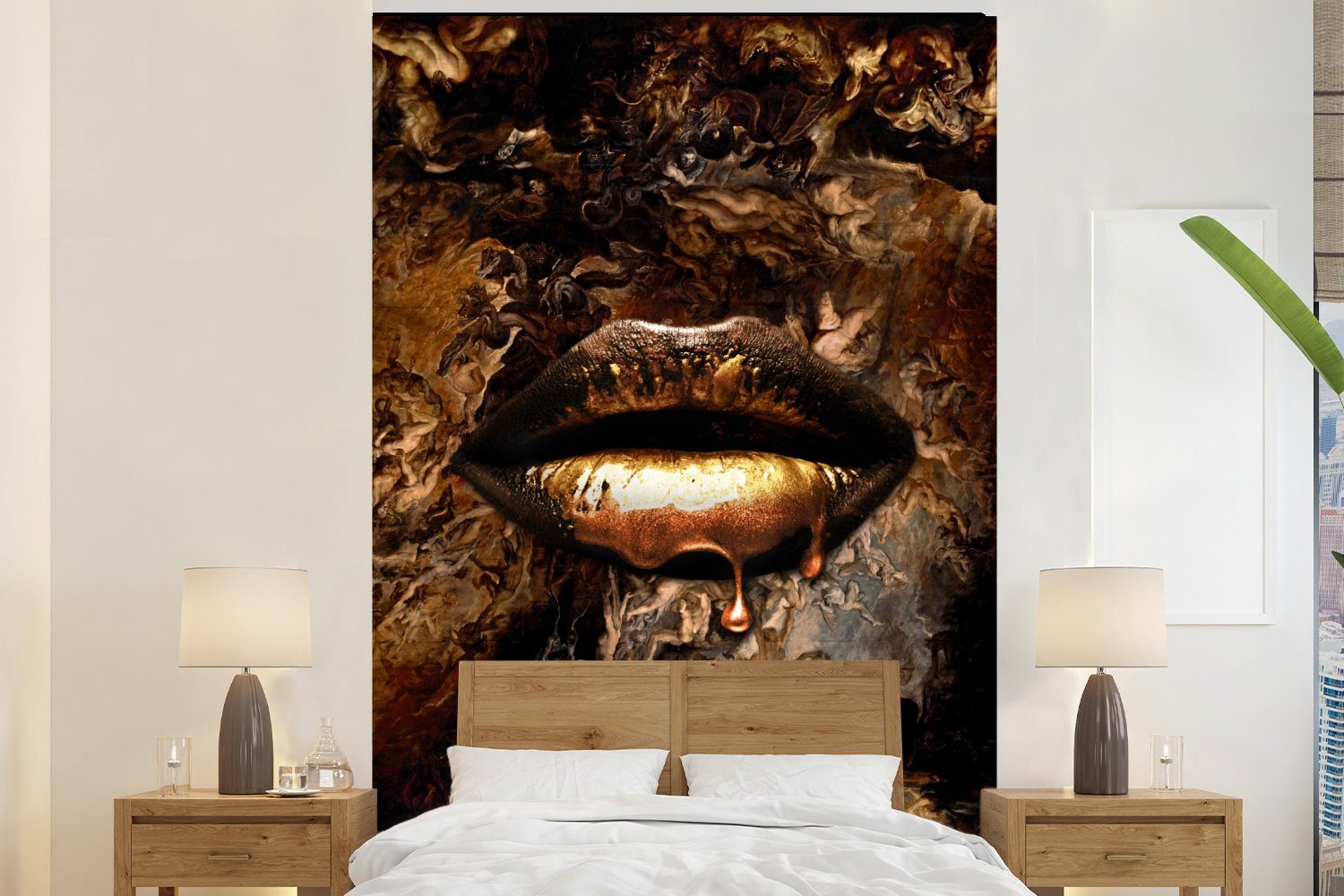 MuchoWow Fototapete Gold für (3 St), Lippen Montagefertig Wohnzimmer, Vinyl Luxus, - Matt, bedruckt, Tapete - Wandtapete