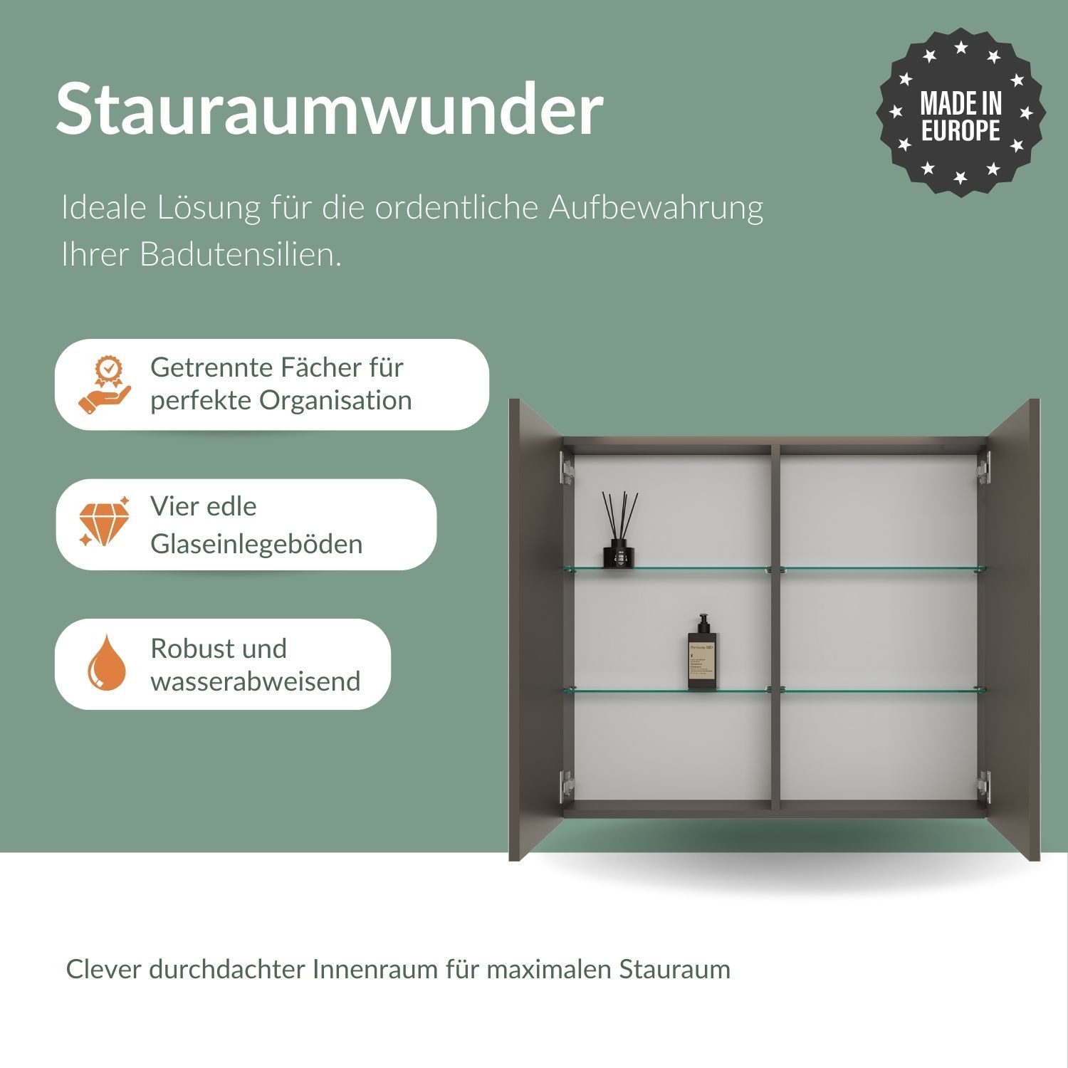 Planetmöbel Spiegelschrank ARIA Badschrank mit Spiegel hängend 80 cm (Spiegelschrank Bad 80 cm mit Beleuchtung und Steckdose, Badspiegelschrank 2-türig) Steckdose für Elektrogeräte