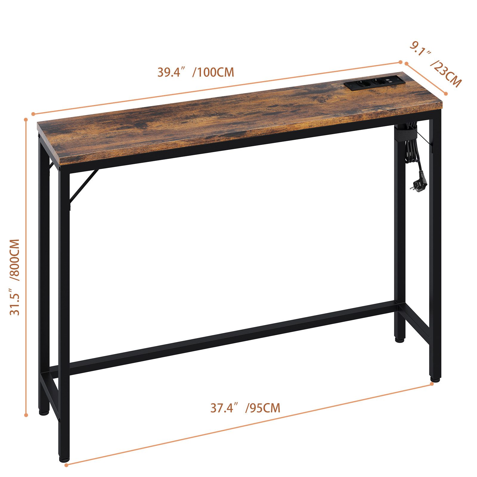 GarveeMore Konsolentisch mit Steckdose und USB-Anschluss,100x23x80cm, Ladestation Beistelltisch für Eingang Flur Wohnzimmer,Metallgestell – Bild 2 von 5