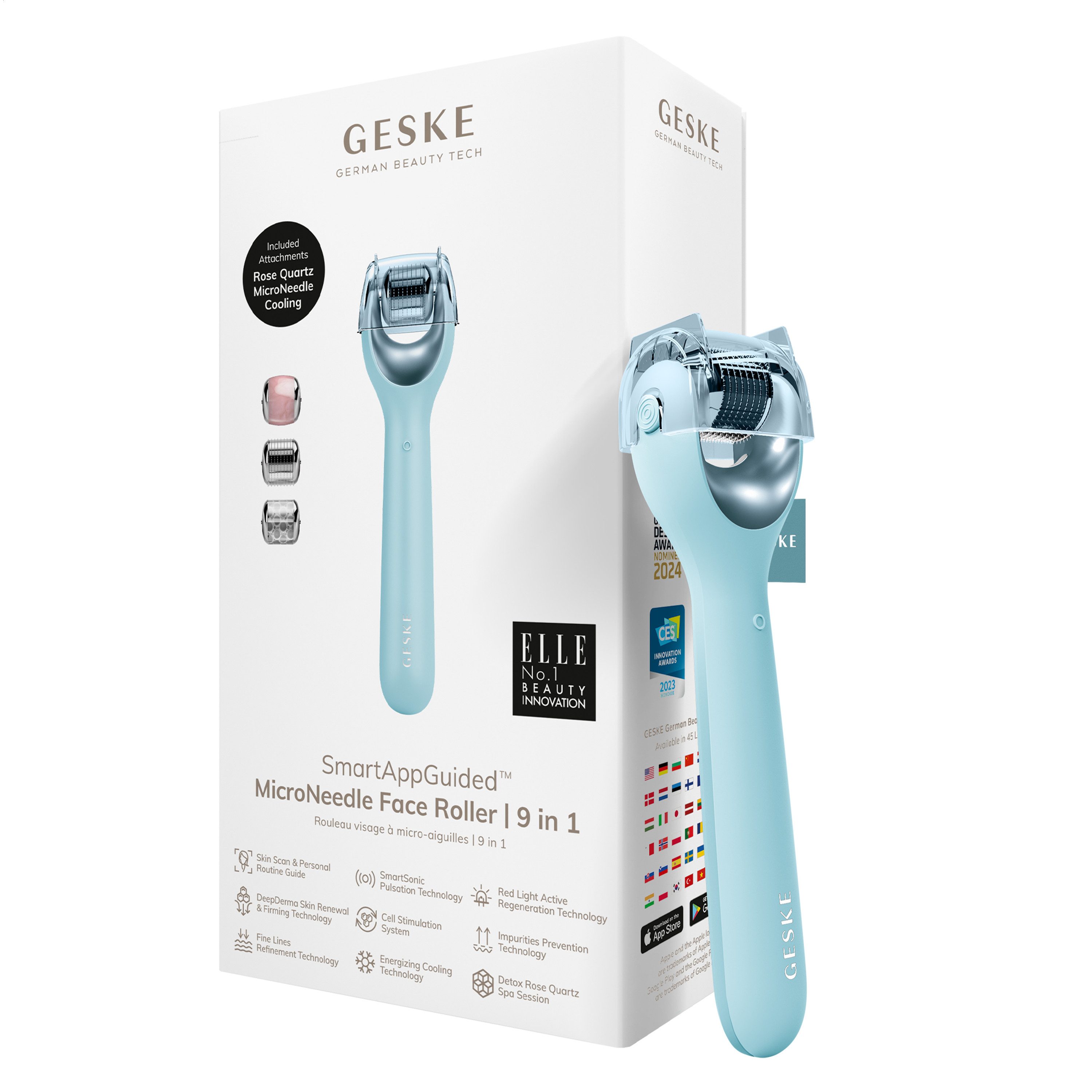 GESKE German Beauty Tech Micro-Needling SmartAppGuided™ MicroNeedle Face Roller 9 in 1, Packung (Gerät & USB-Ladekabel), 2-tlg., Gerät inkl. kostenloser APP (SmartAppGuided Device), Mit der GESKE App erhältst Du deine personalisierte Hautpflegeroutine.