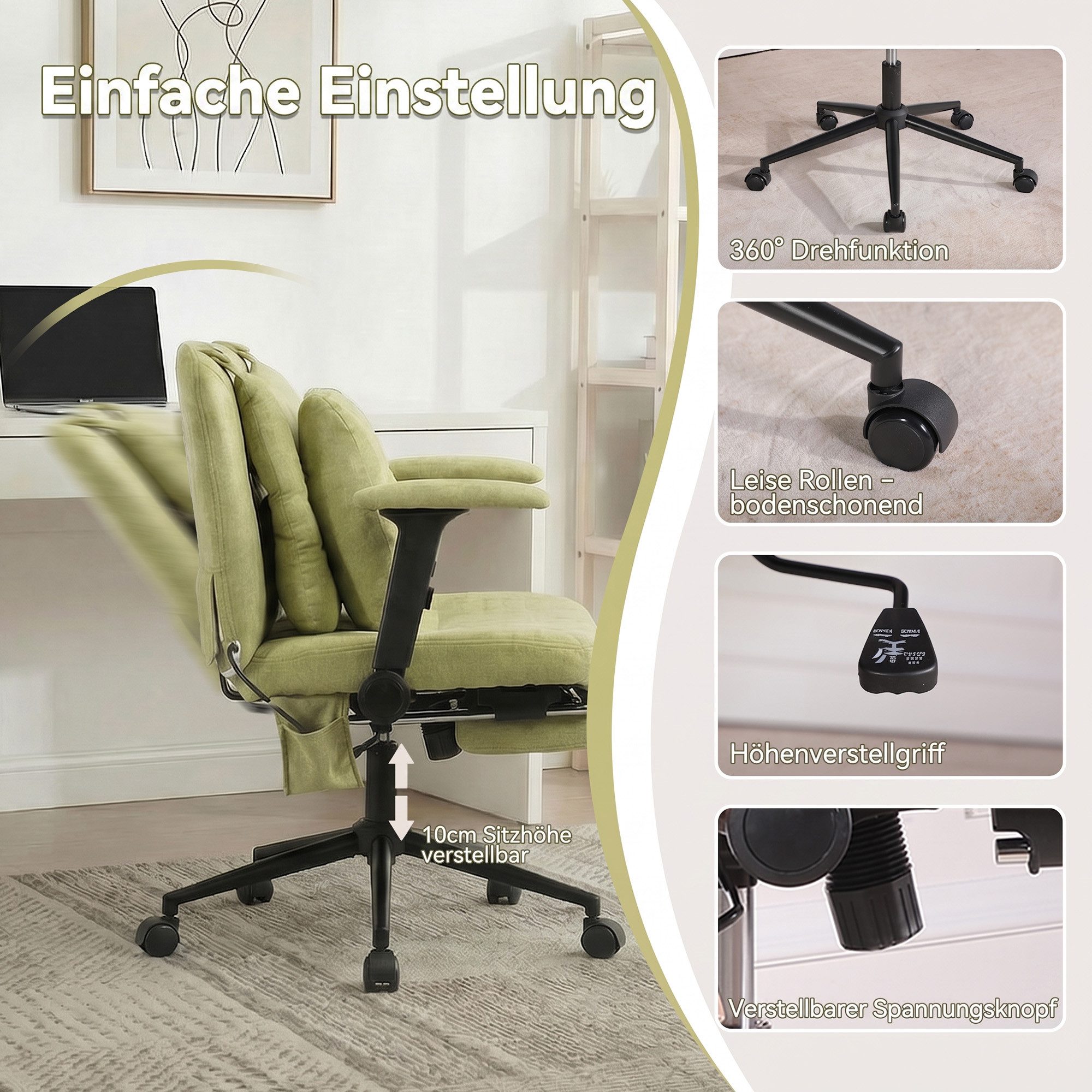 CANMOV Bürostuhl Bequemer Schreibtischstuhl mit Massage Kissen, ergonomischer Bürostuhl, mit Massagekissen, Fußstütze, klappbaren Armlehnen, 360° drehbar – Bild 3 von 5