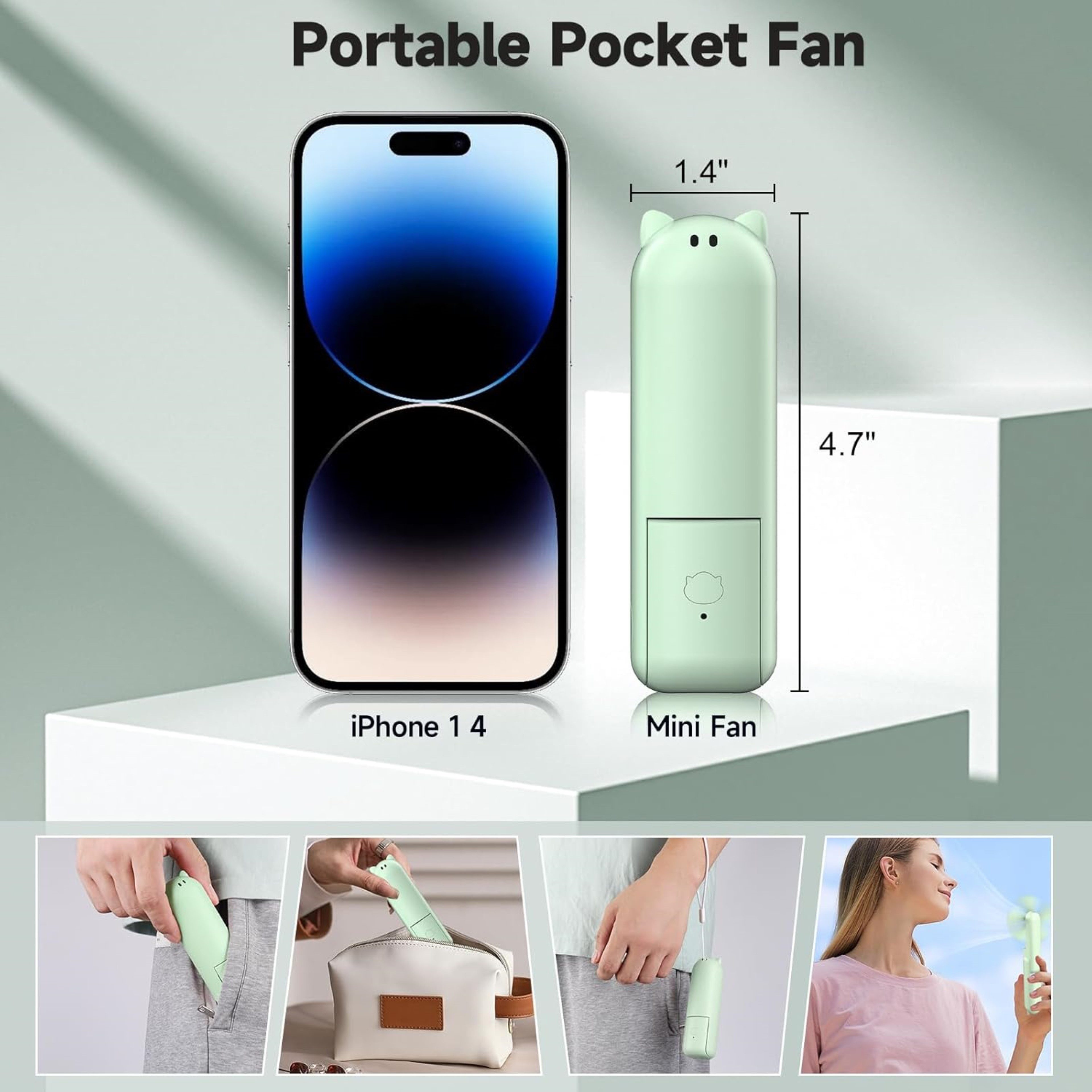 LA CUTE Handventilator Tragbarer Mini Handventilator faltbar USB-C Akku leise Grün, Faltbar, Powerbank-Funktion, 3 Stufen, leise, tragbar – Bild 4 von 5