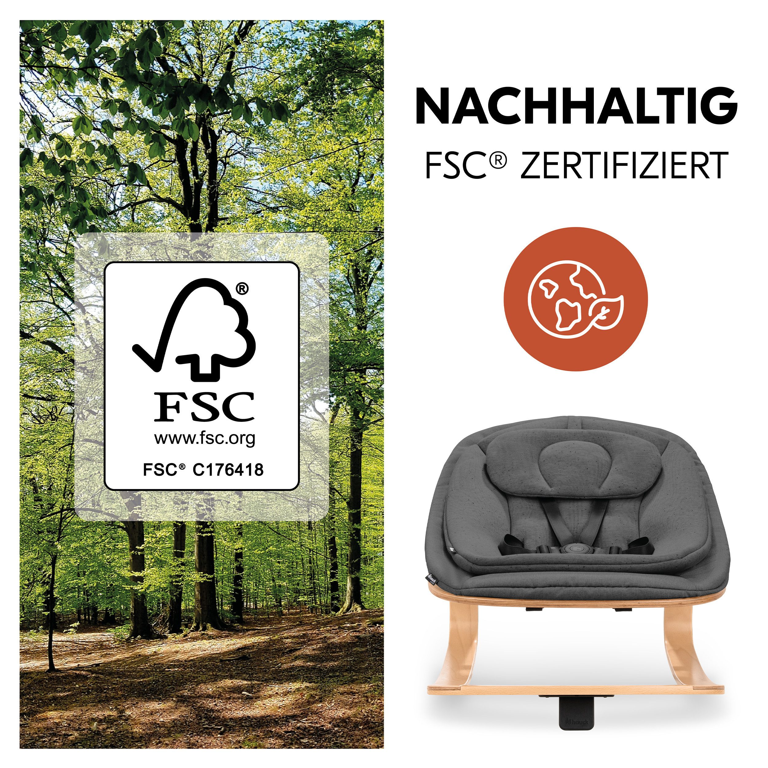 Hauck Hochstuhl Alpha Move Newborn Set Eco - Deep Grey - Natur, Holz Babystuhl ab Geburt mit Neugeborenensufsatz, Sitzkissen, Essbrett