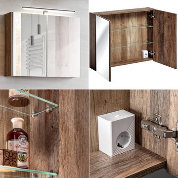 Lomadox Badmöbel-Set PUEBLA-56, (Spar-Set, 7-St), Eiche Waschtischunterschrank Waschbecken Spiegelschrank Hochschrank