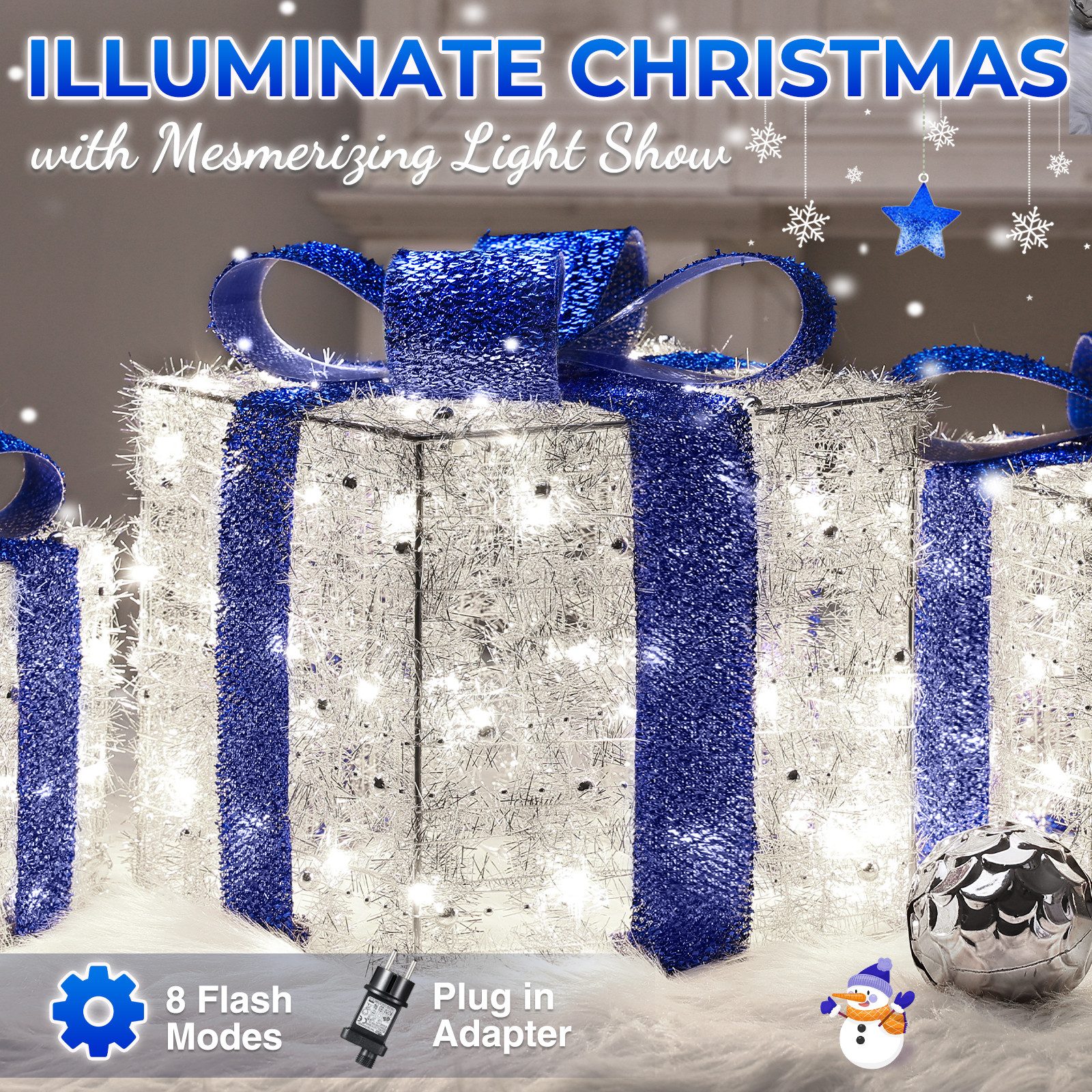 Elegear LED Dekolicht Weihnachtsfigur 3 Set Geschenkbox, Leuchtfiguren für Weihnachtsdeko, LED wechselbar, Tageslichtweiß, Warmweiß, Kaltweiß, mit Bändern/LED Lichterkett