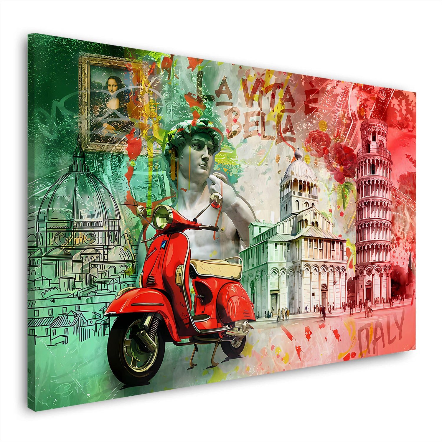 Artedinoi Leinwandbild Roter Roller La Vita è Bella Pop Art Wandbild Leinwandbild Kunstdruck, Roter Roller, La Vita è Bella