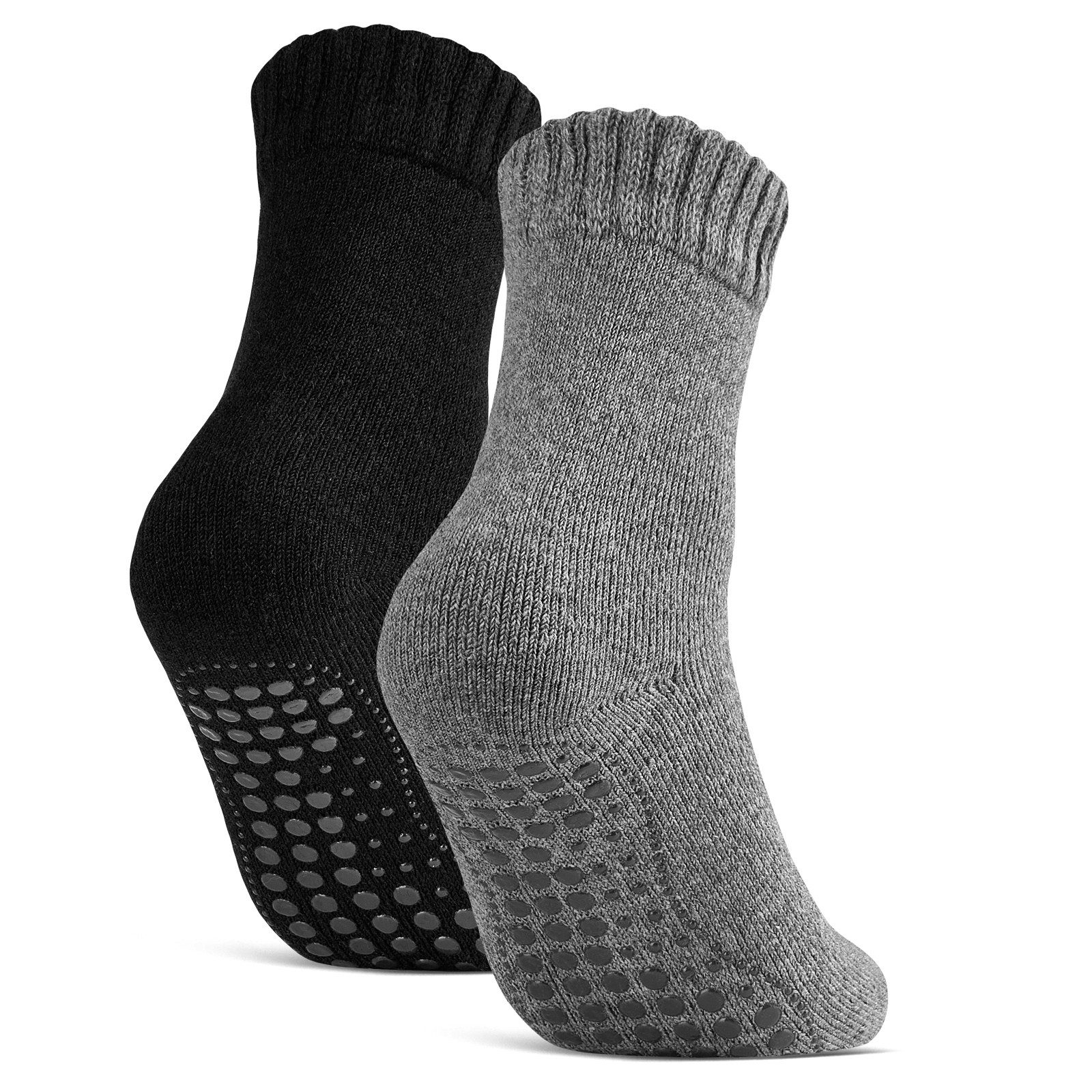 sockenkauf24 ABS-Socken Antirutschsocken warme Stoppersocken mit Wolle Vollfrottee (Schwarz/Anthrazit, 2-Paar, 47-50) mit Komfortbund für Damen & Herren - 21463