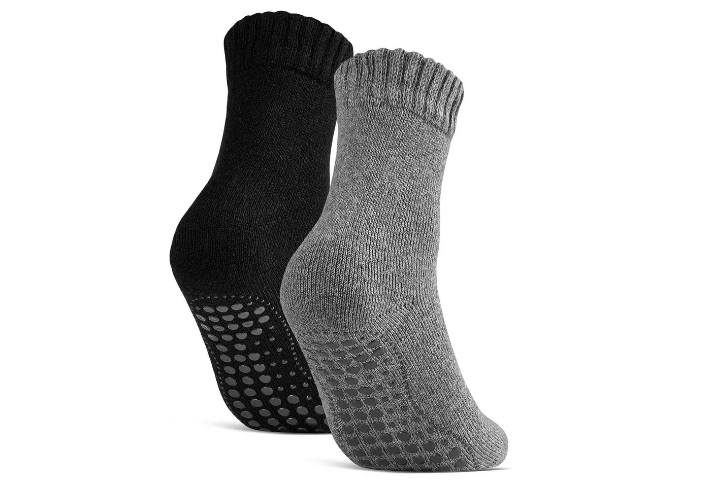 sockenkauf24 ABS-Socken Antirutschsocken warme Stoppersocken mit Wolle Vollfrottee (Schwarz/Anthrazit, 2-Paar, 47-50) mit Komfortbund für Damen & Herren - 21463